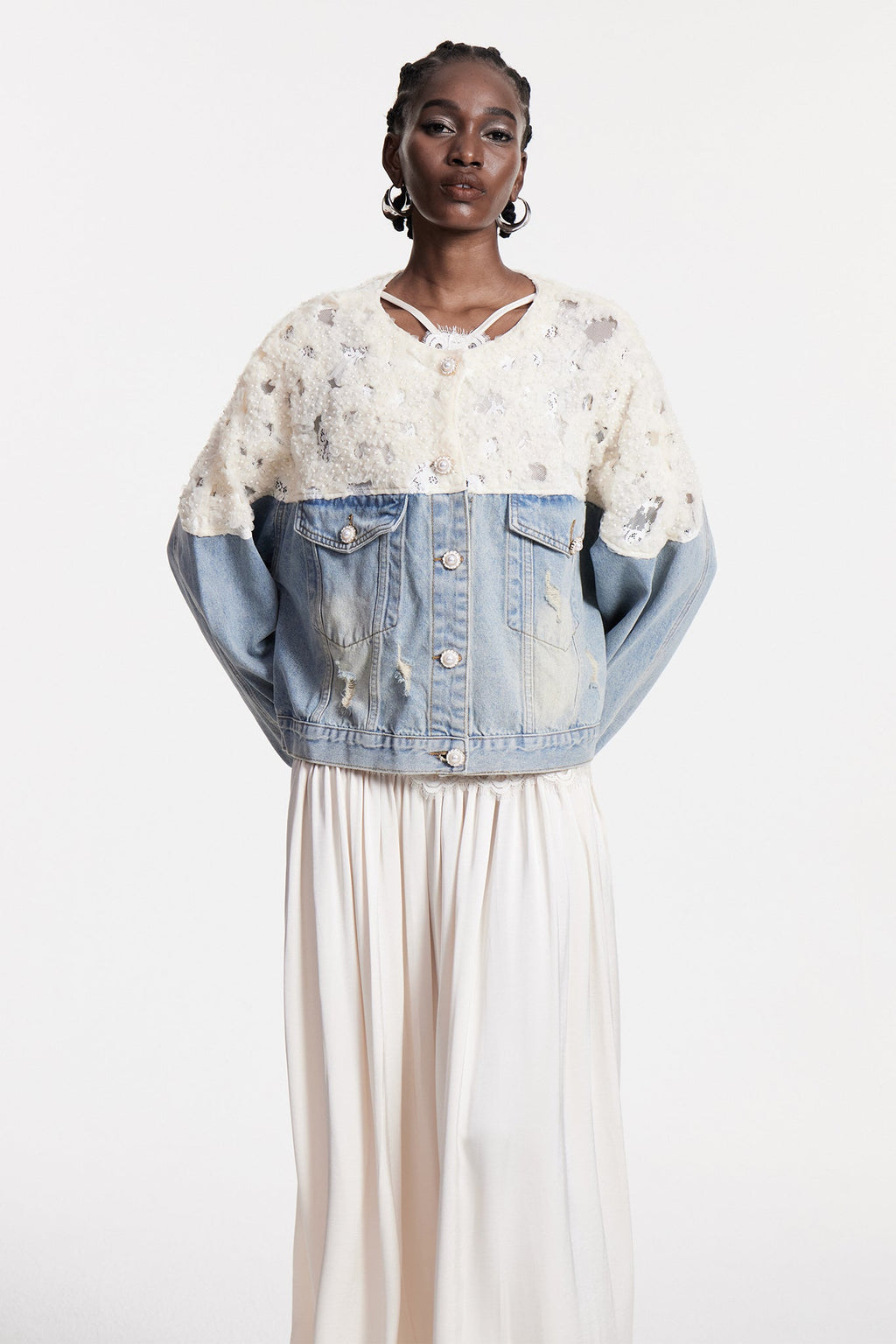 Bakhtiyar Embroidered Sequin Denim Jacket In White