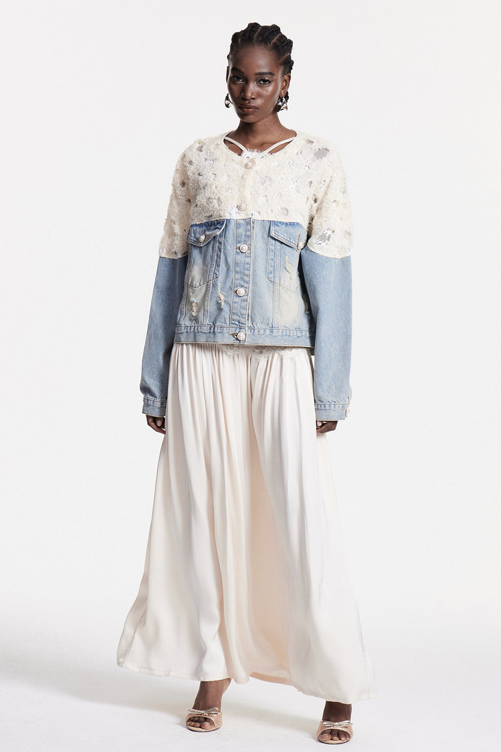 Bakhtiyar Embroidered Sequin Denim Jacket In White