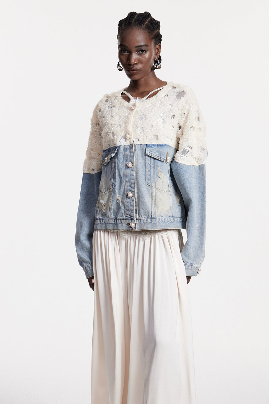 Bakhtiyar Embroidered Sequin Denim Jacket In White