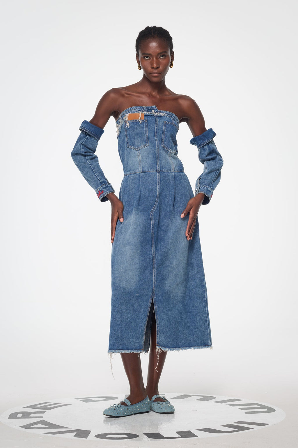 Bal Deconstruct Strapless Denim Midi Dress