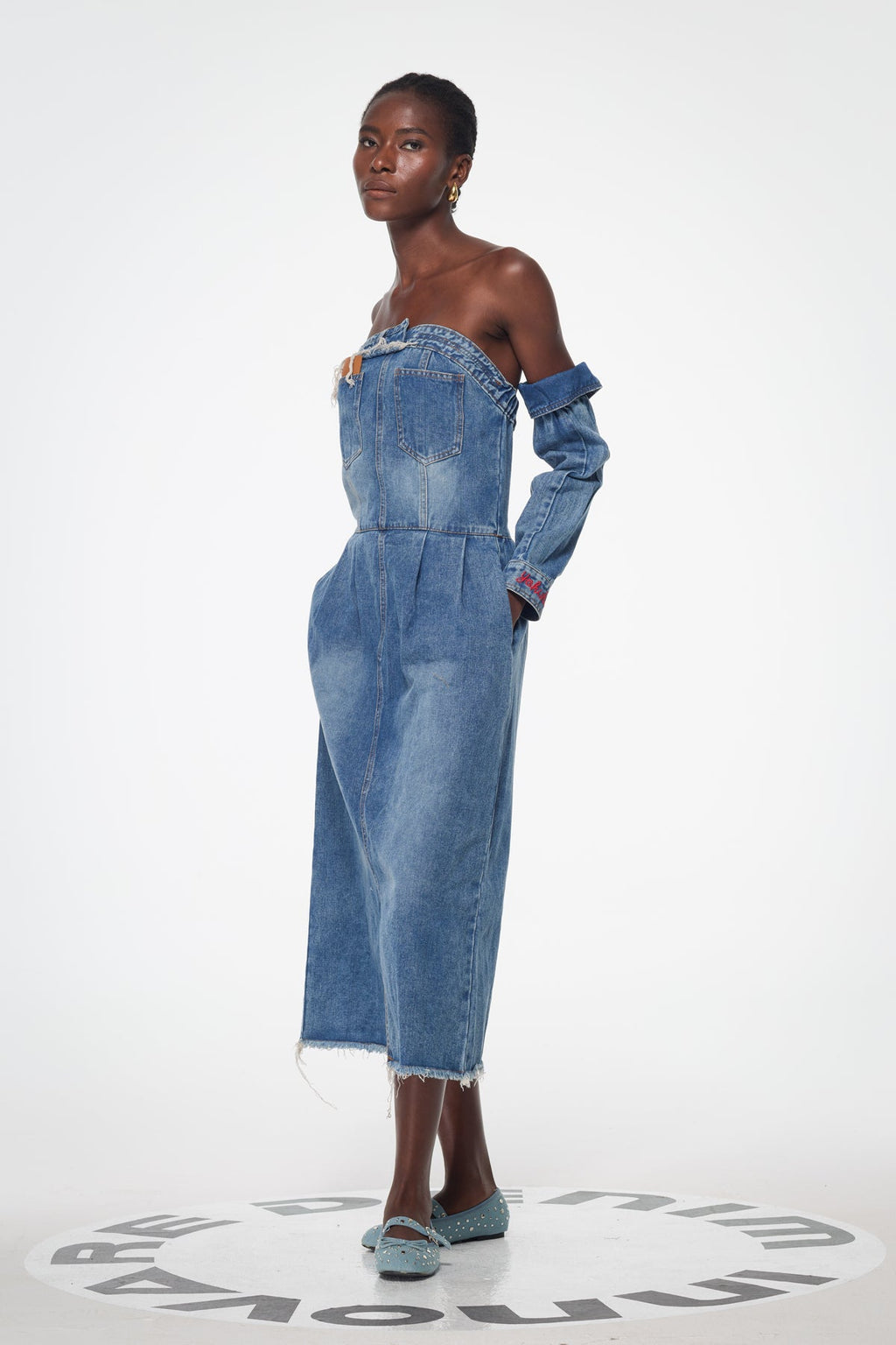Bal Deconstruct Strapless Denim Midi Dress
