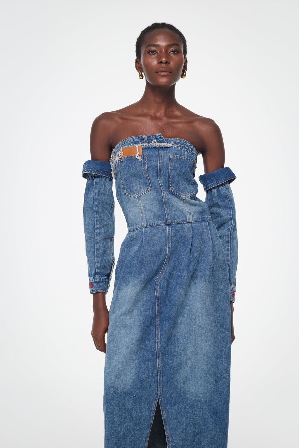 Bal Deconstruct Strapless Denim Midi Dress