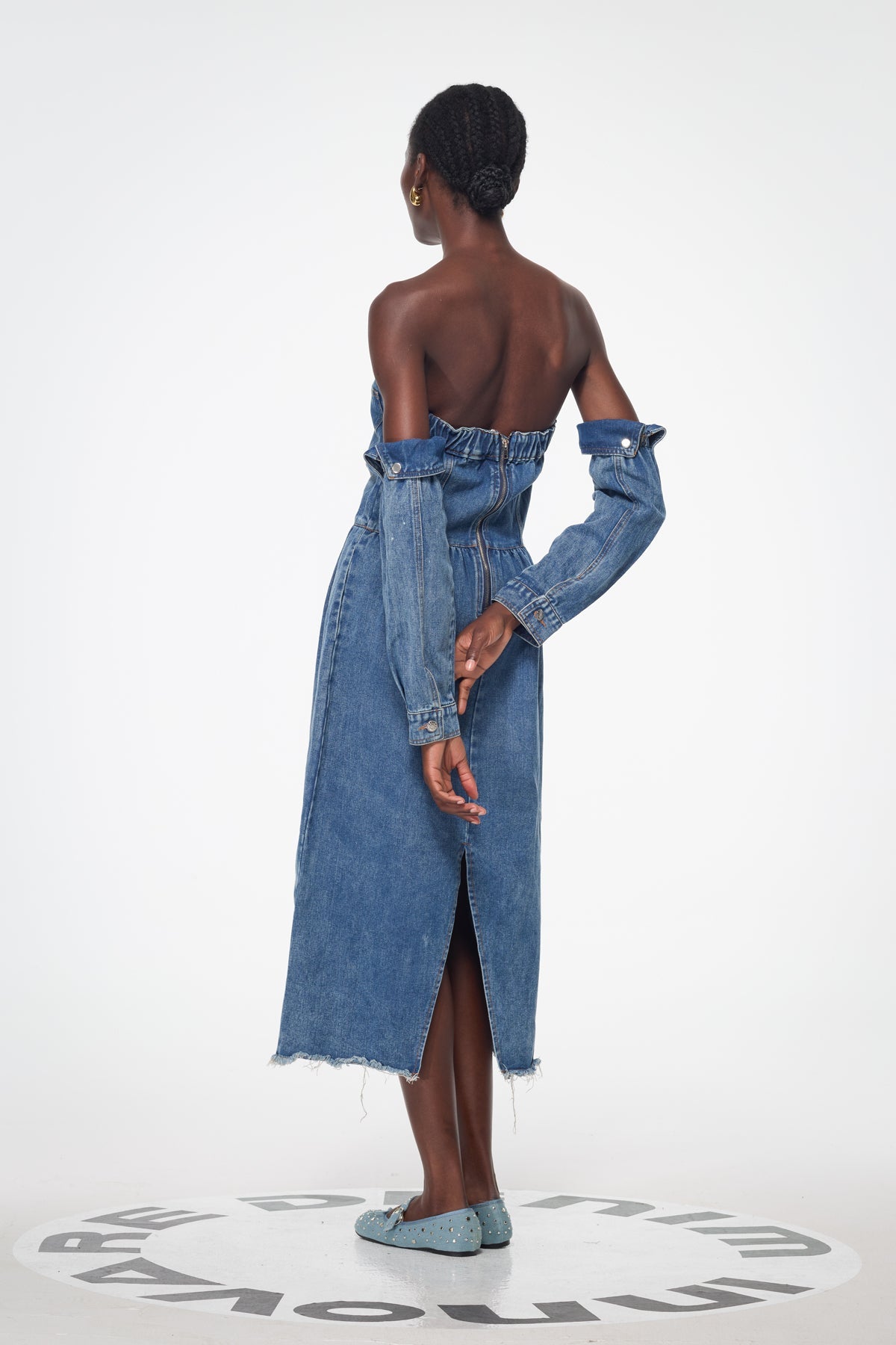 Bal Deconstruct Strapless Denim Midi Dress