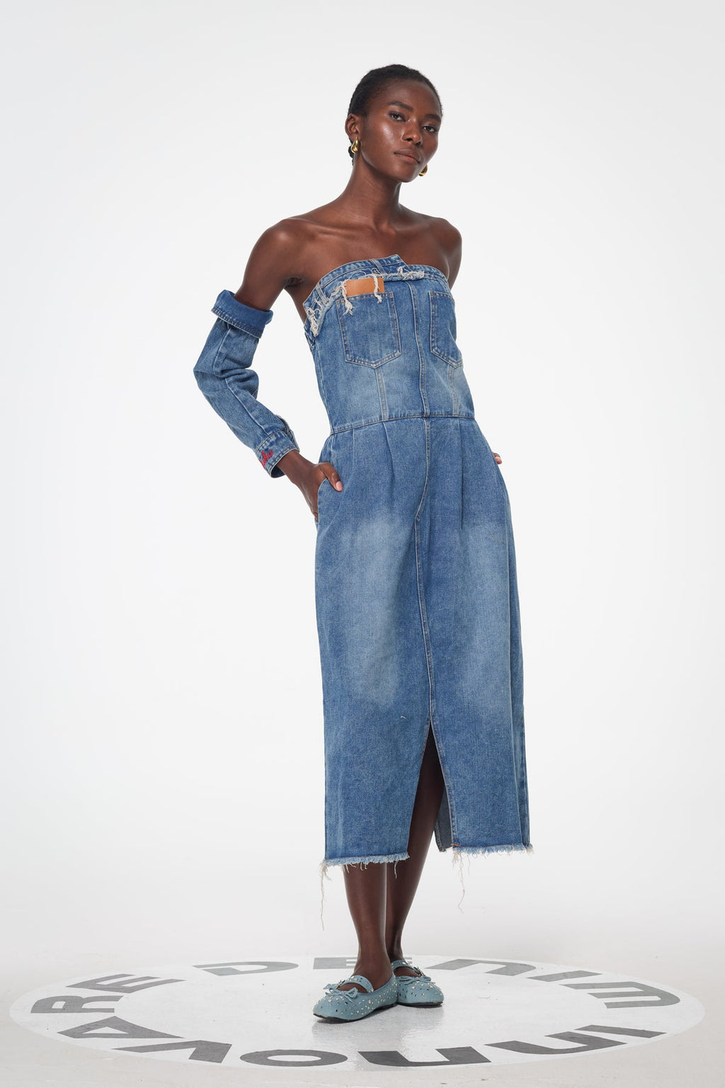 Bal Deconstruct Strapless Denim Midi Dress