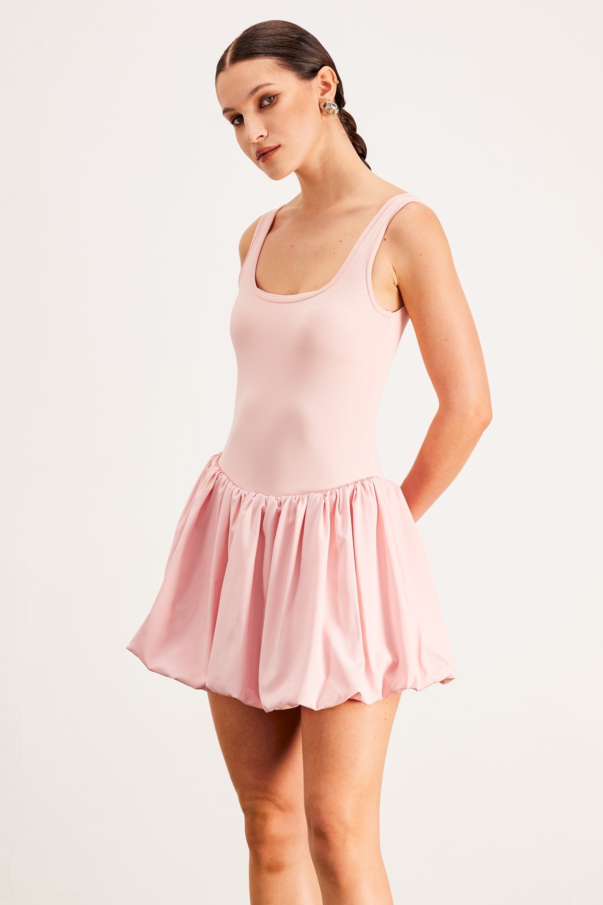 Baldo Sleeveless Bodycon Puff Mini Dress In Pink