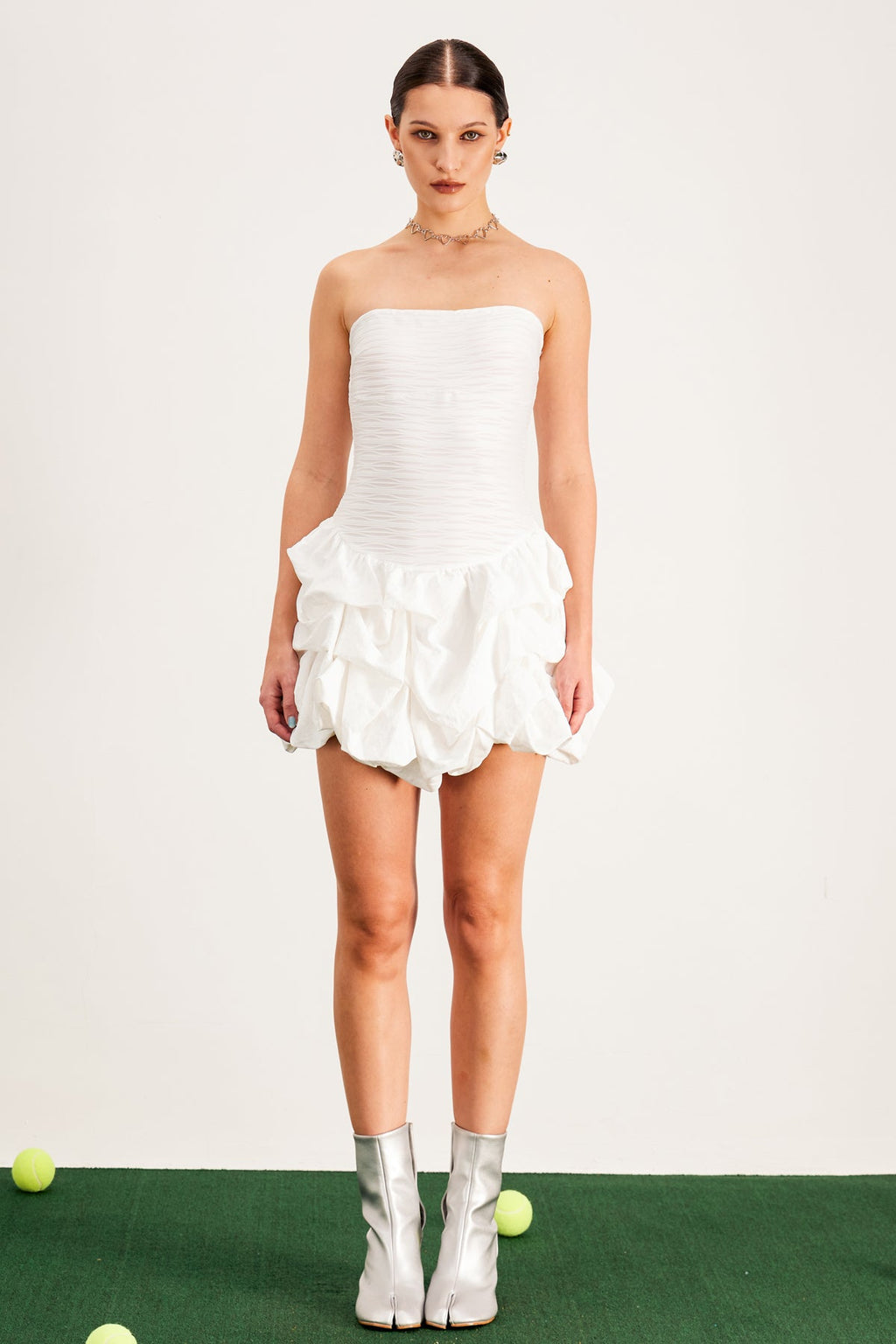 Baldric Strapless Ruch Puff Mini Dress In White
