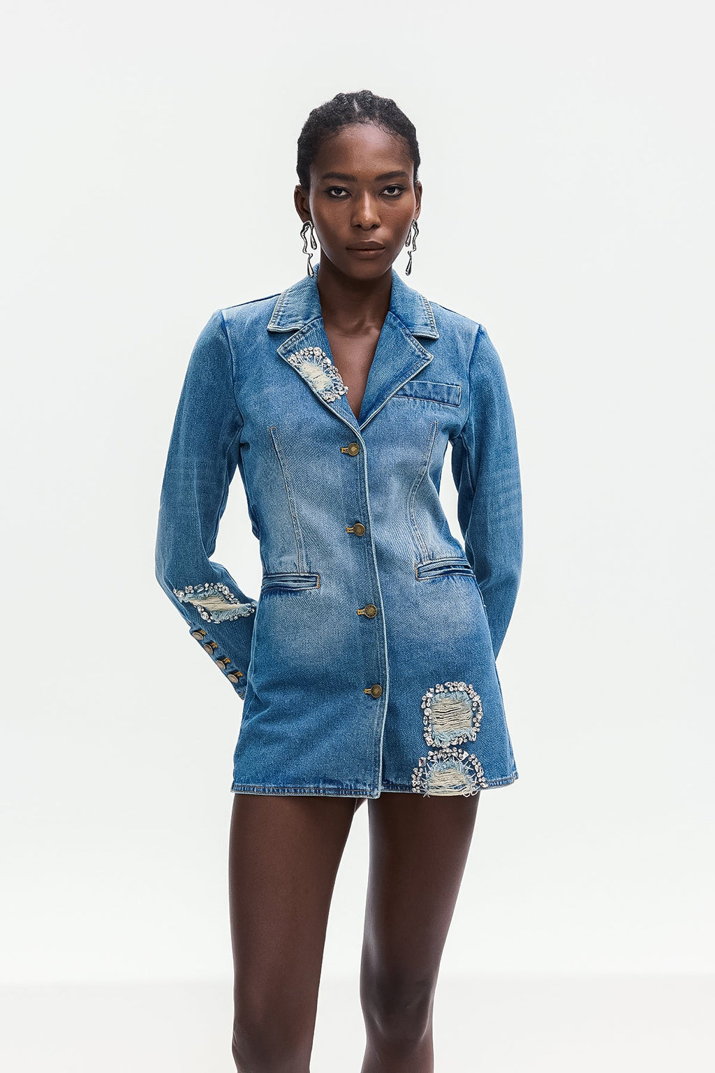 Baldwin Rhinestone Cutout Lapel Denim Mini Dress