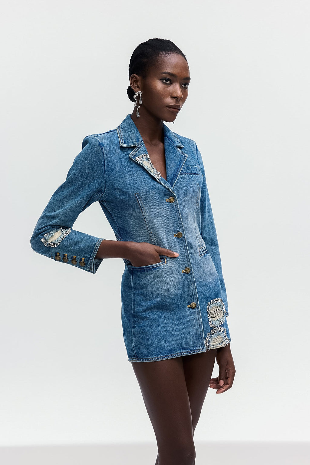 Baldwin Rhinestone Cutout Lapel Denim Mini Dress