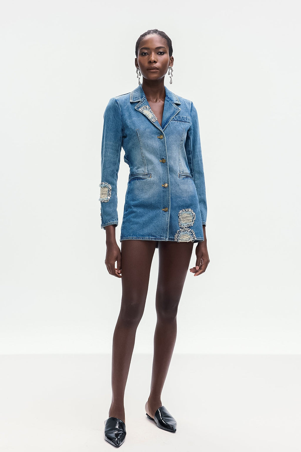 Baldwin Rhinestone Cutout Lapel Denim Mini Dress