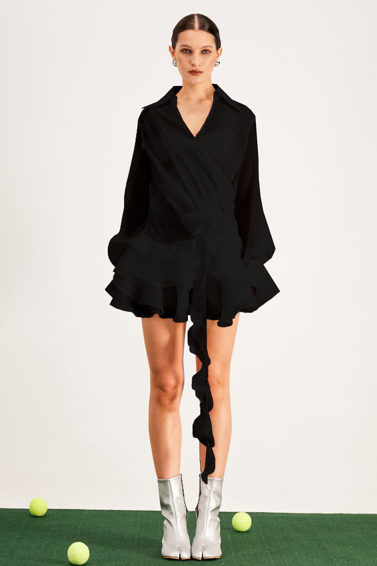Balfour Ruffle Flower Mini Dress In Black