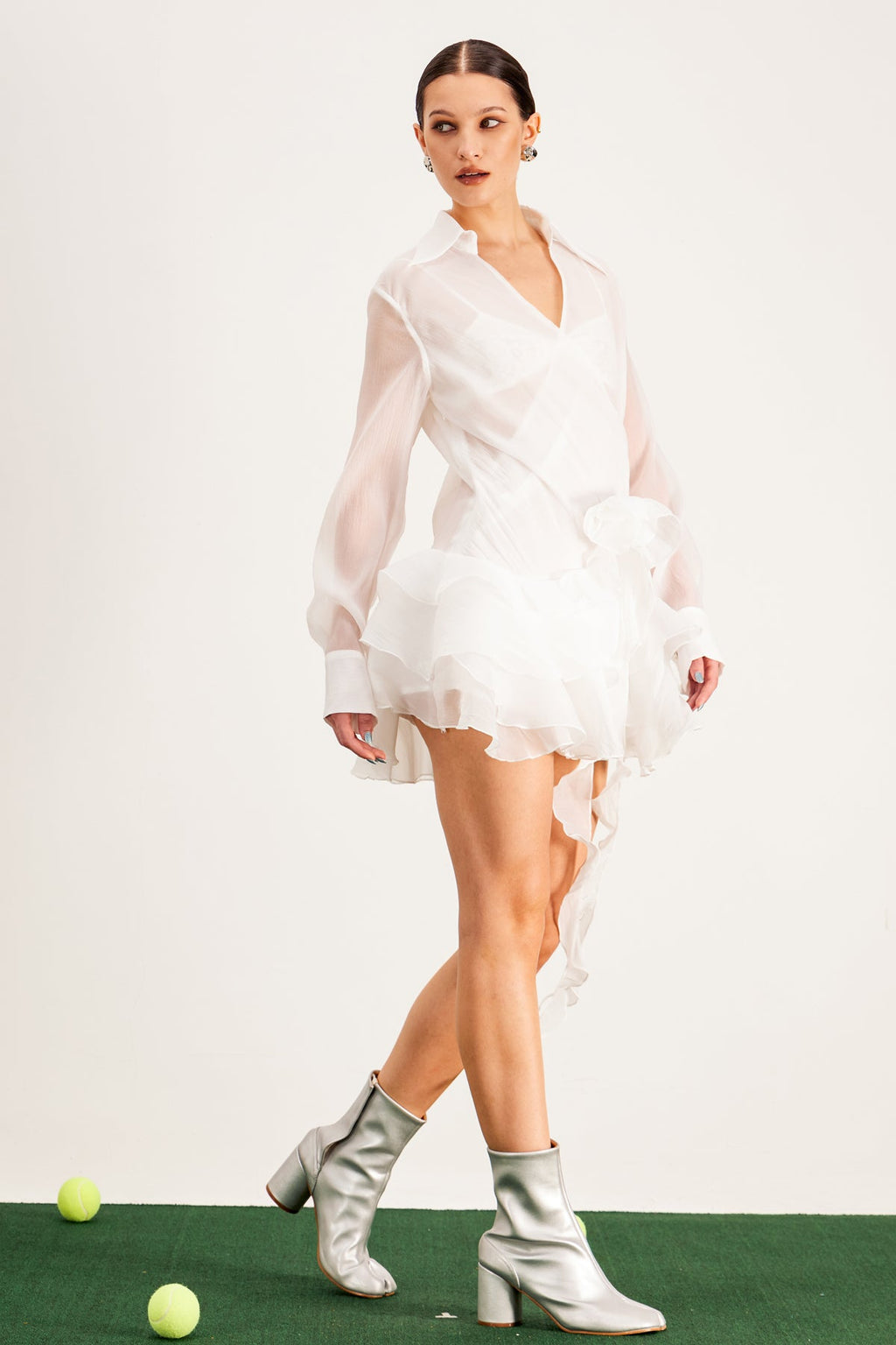 Balfour Ruffle Flower Mini Dress In White