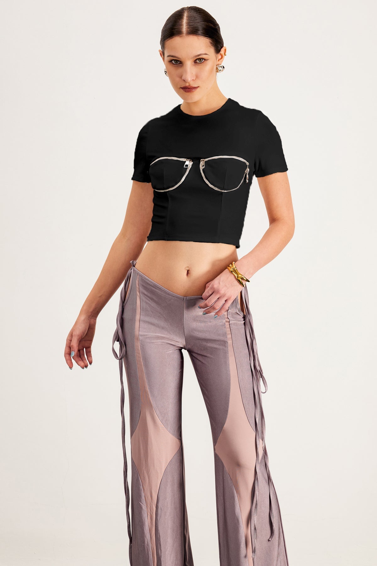 Balthild Zipper Bodycon T Shirt In Black