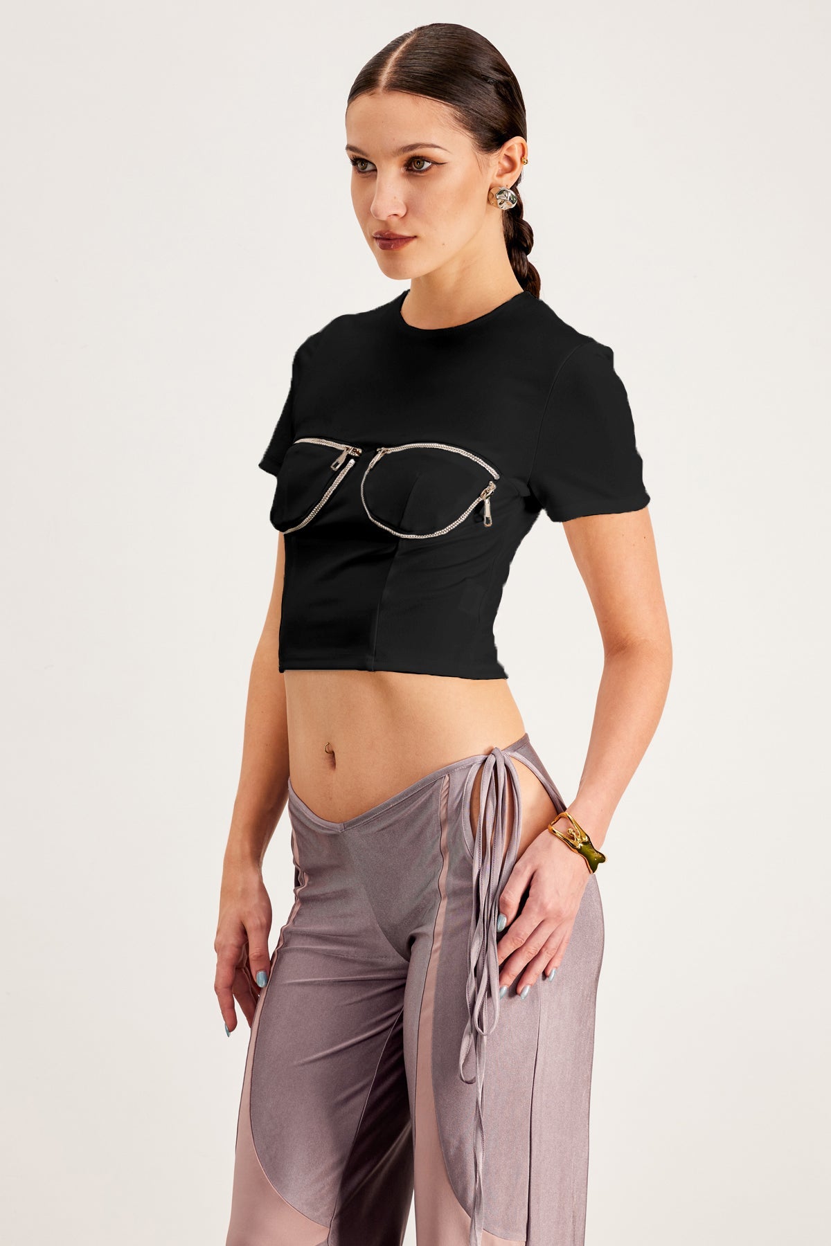 Balthild Zipper Bodycon T Shirt In Black