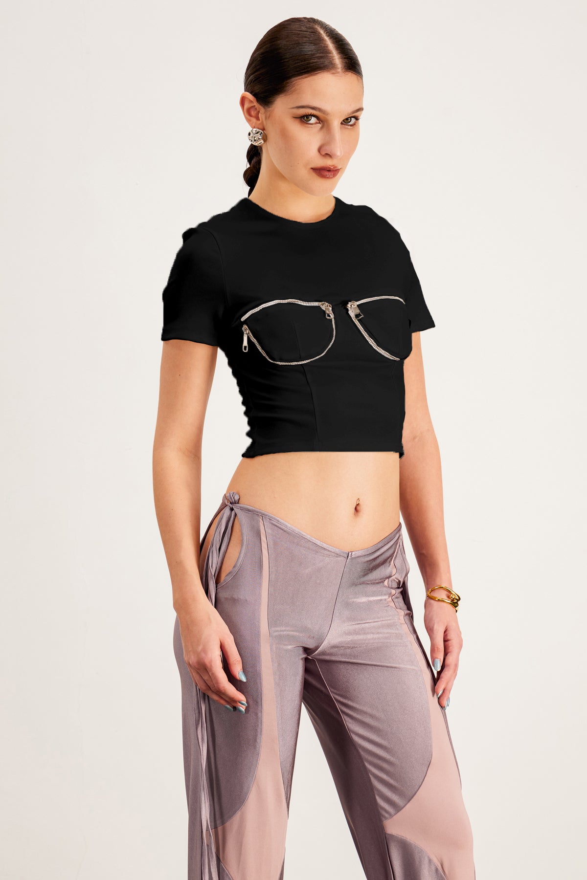 Balthild Zipper Bodycon T Shirt In Black