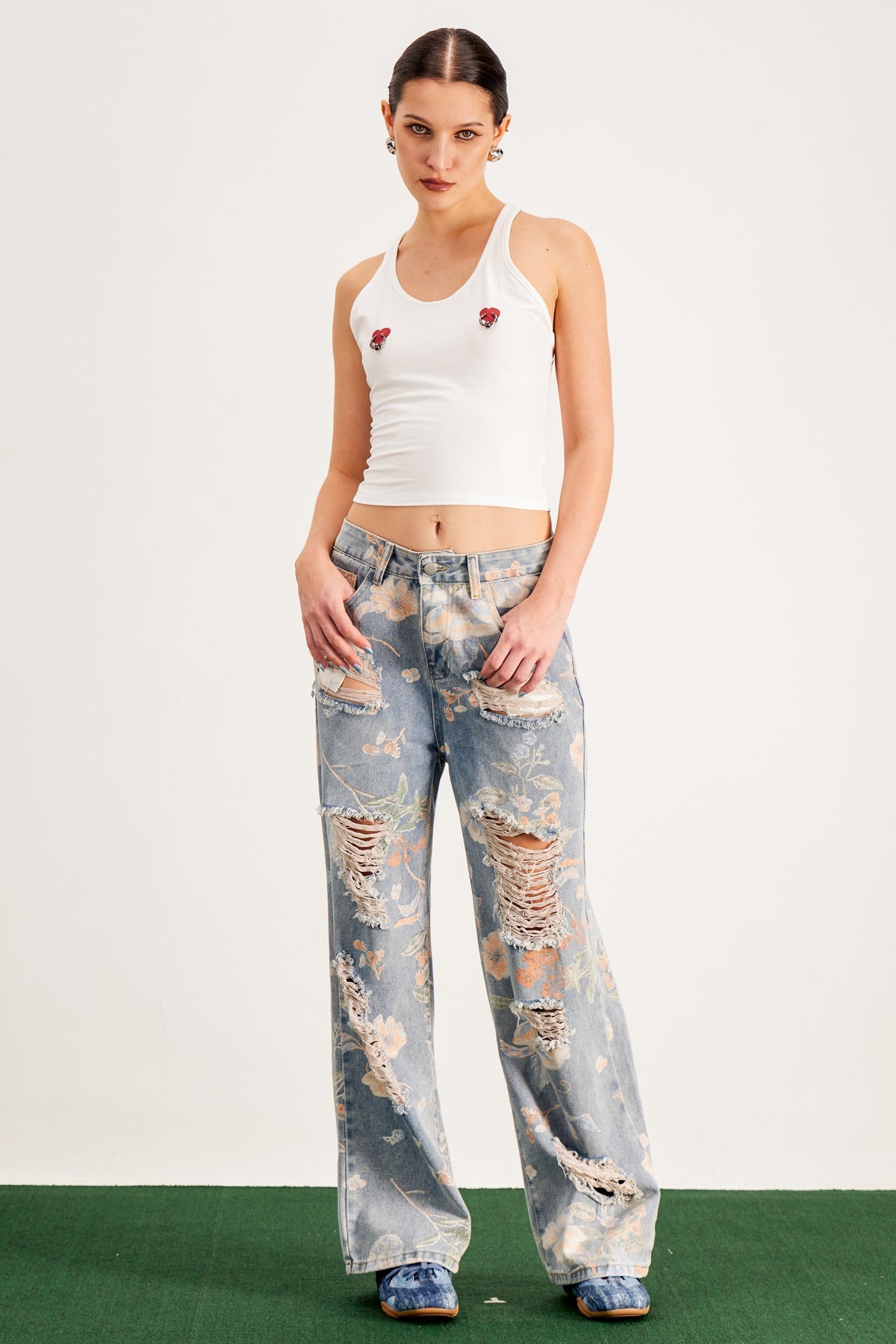Bandile Floral Print Ripped Jeans