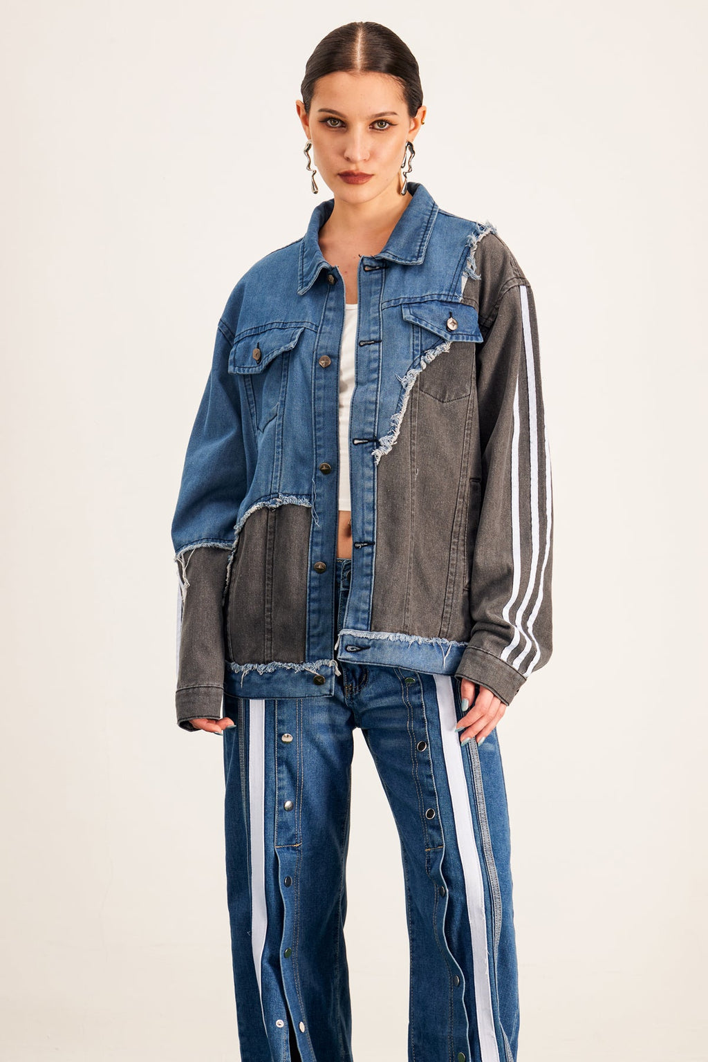 Barbora Asymmetric Deconstruct Stripe Denim Jacket