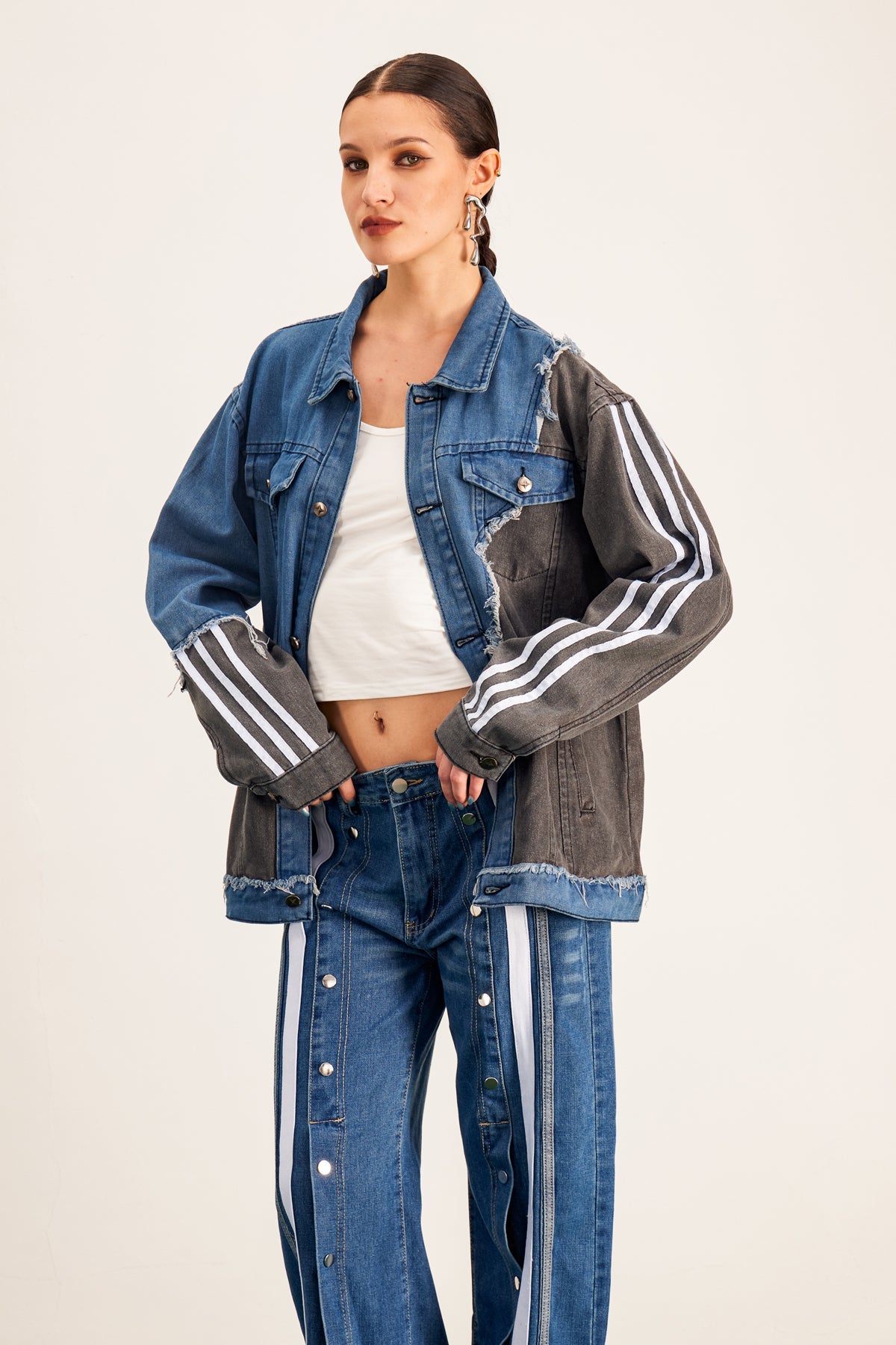 Barbora Asymmetric Deconstruct Stripe Denim Jacket