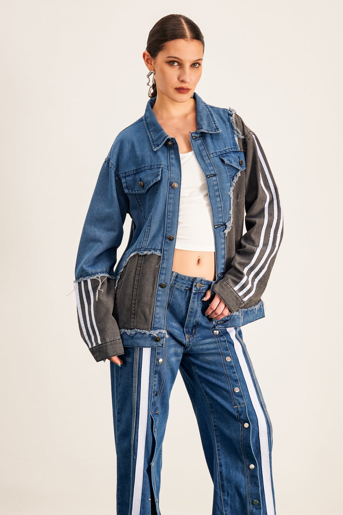 Barbora Asymmetric Deconstruct Stripe Denim Jacket