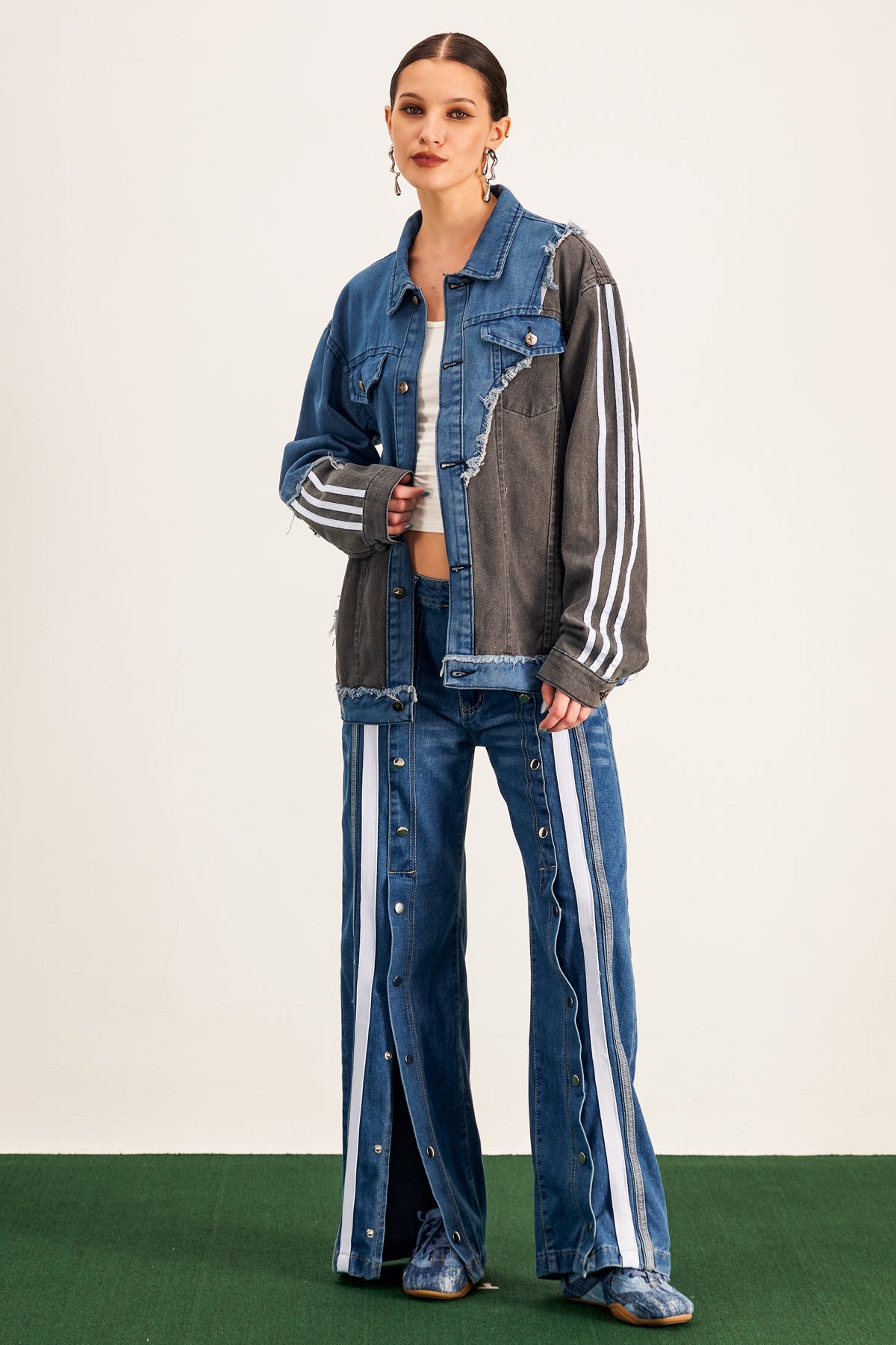 Barbora Asymmetric Deconstruct Stripe Denim Jacket