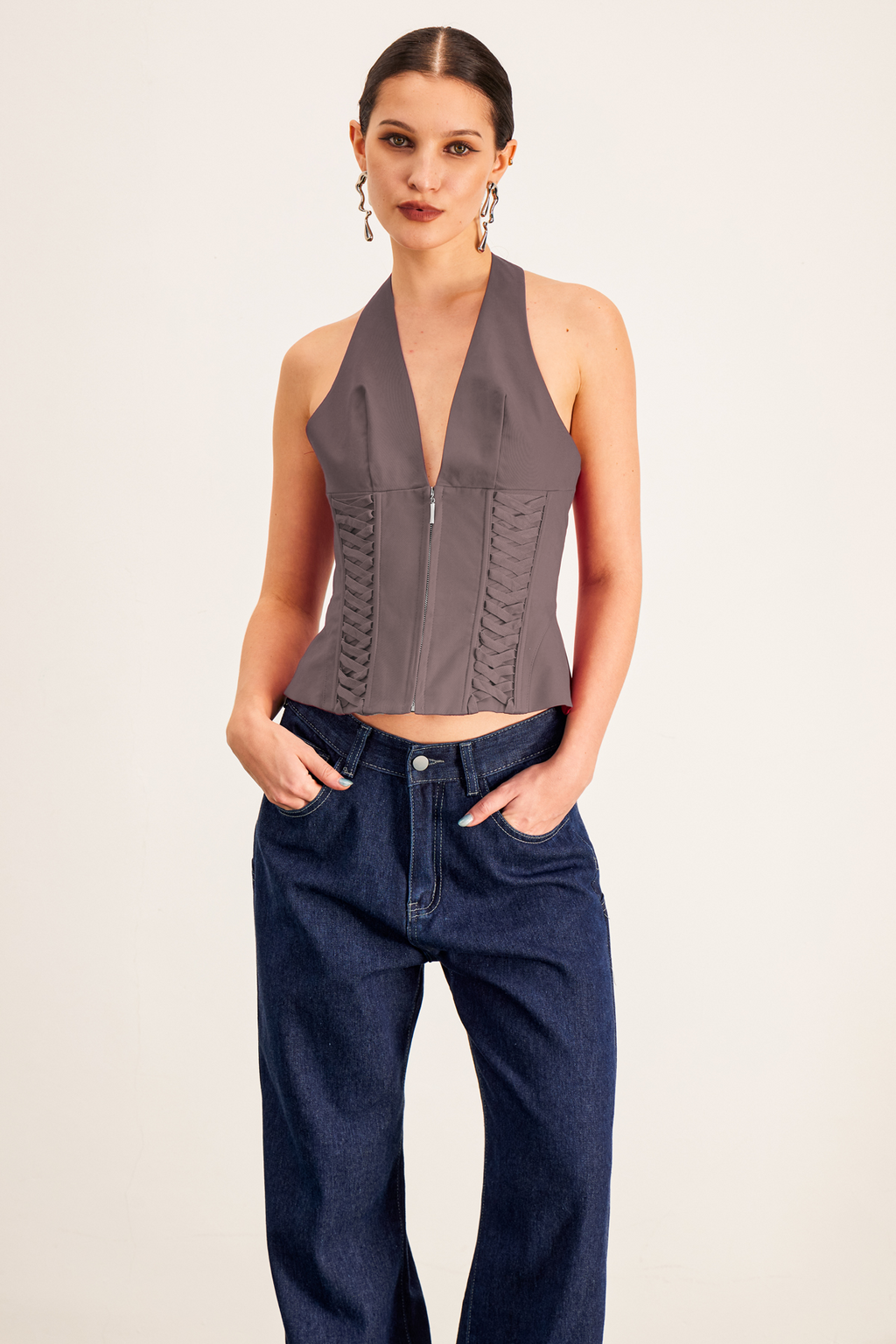 Barclay Lace Up Halter Neck Corset Top In Grey