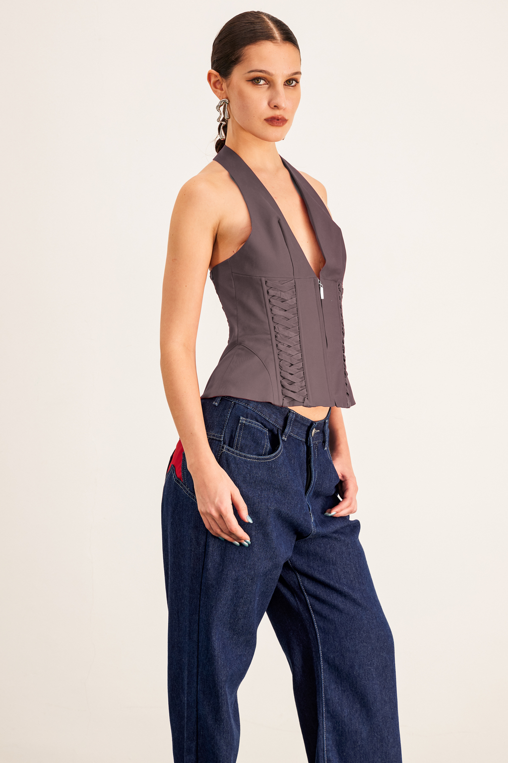 Barclay Lace Up Halter Neck Corset Top In Grey