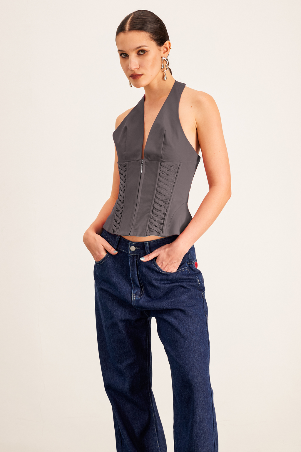 Barclay Lace Up Halter Neck Corset Top In Grey