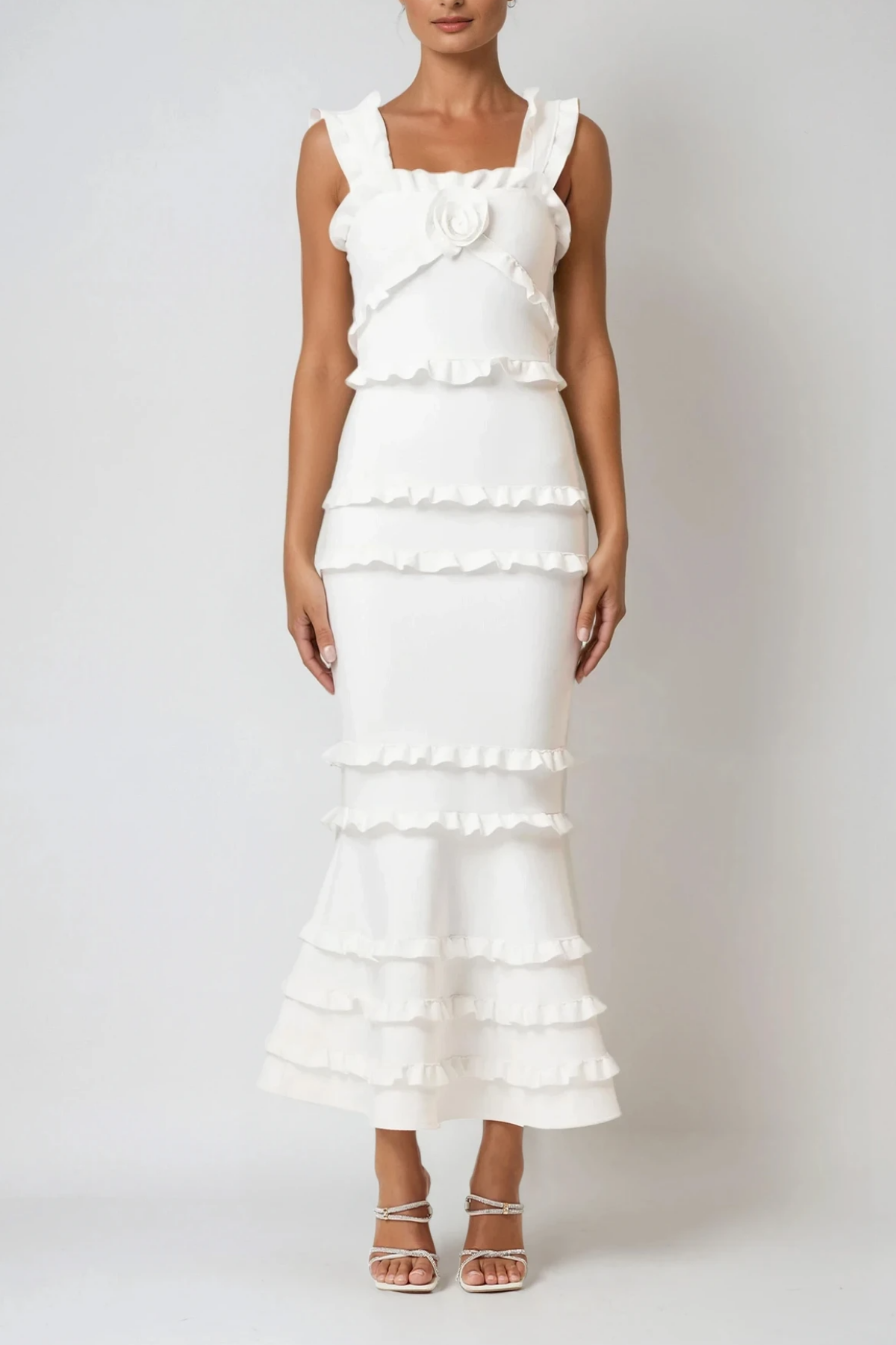 Bartholomaios Ruffle Flower Maxi Dress In White