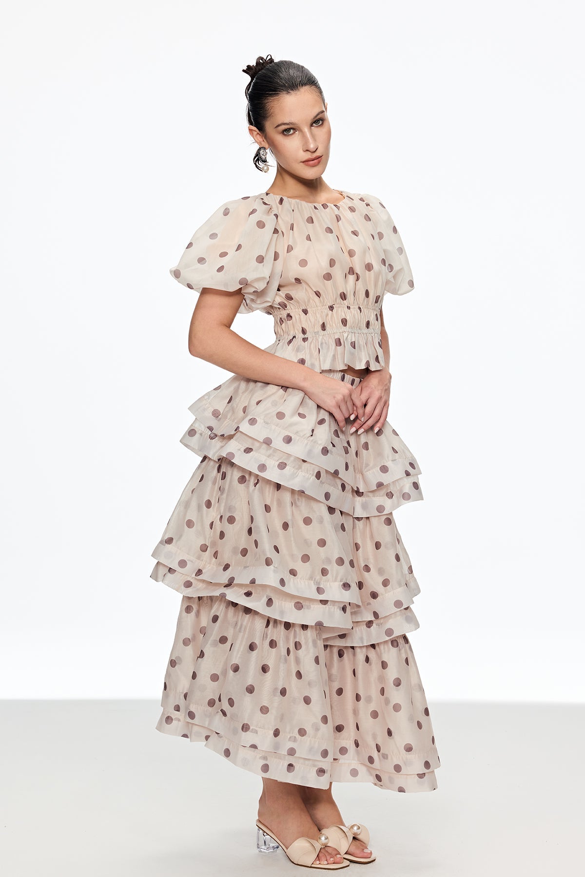 Bartholomei Balloon Sleeve Dot Ruffle Skirt Set