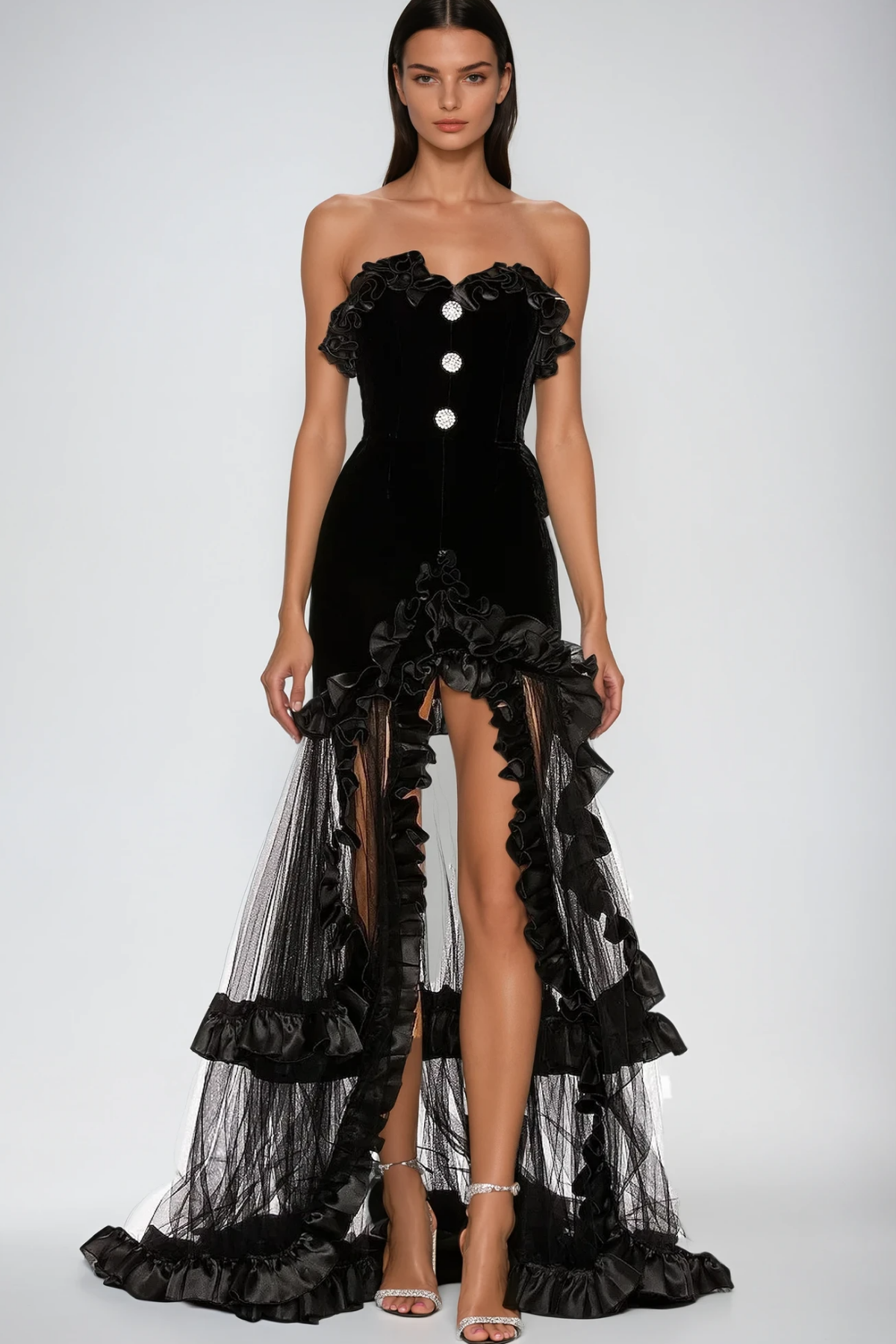 Barukh Ruffle Strapless Mesh Maxi Dress