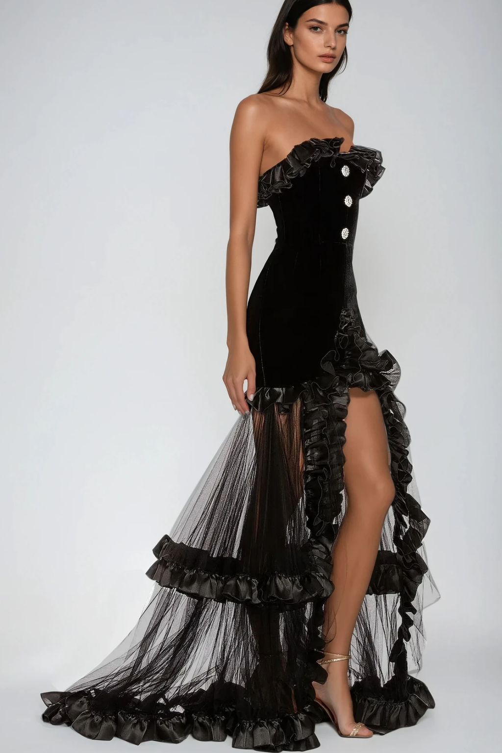 Barukh Ruffle Strapless Mesh Maxi Dress