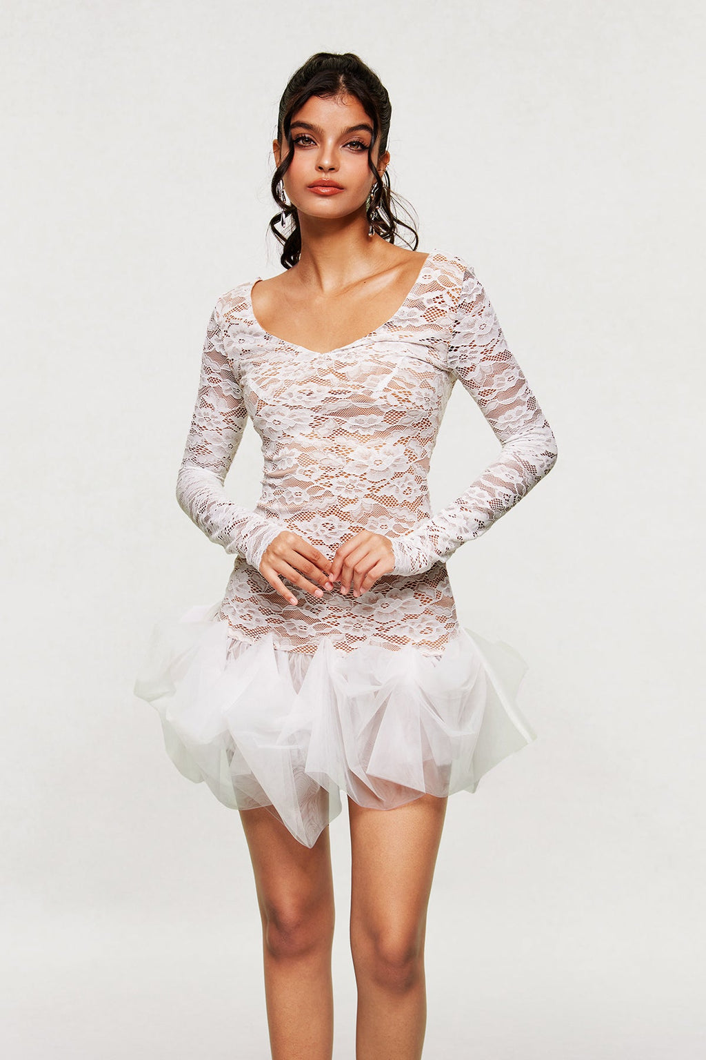 Barun Lace Mesh V Neck Mini Dress