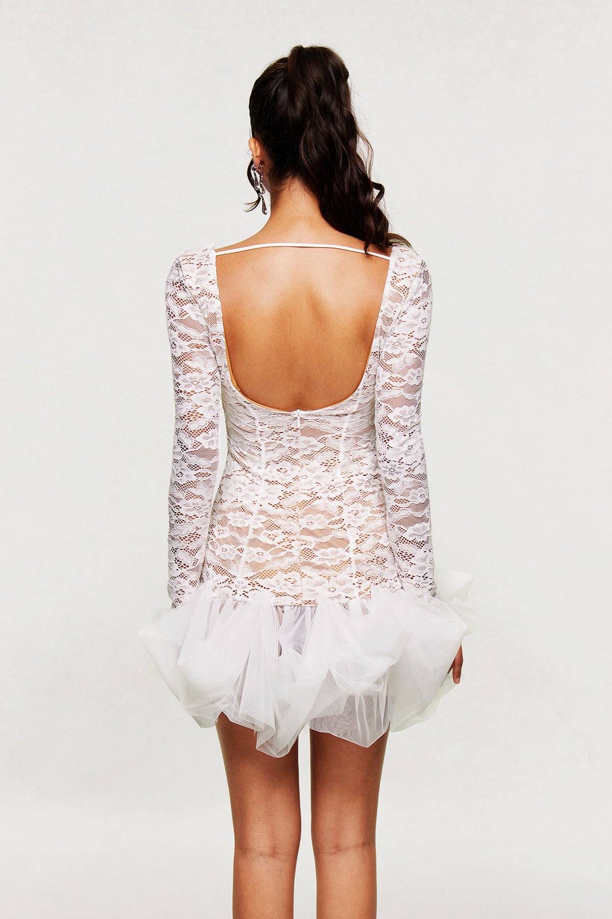 Barun Lace Mesh V Neck Mini Dress