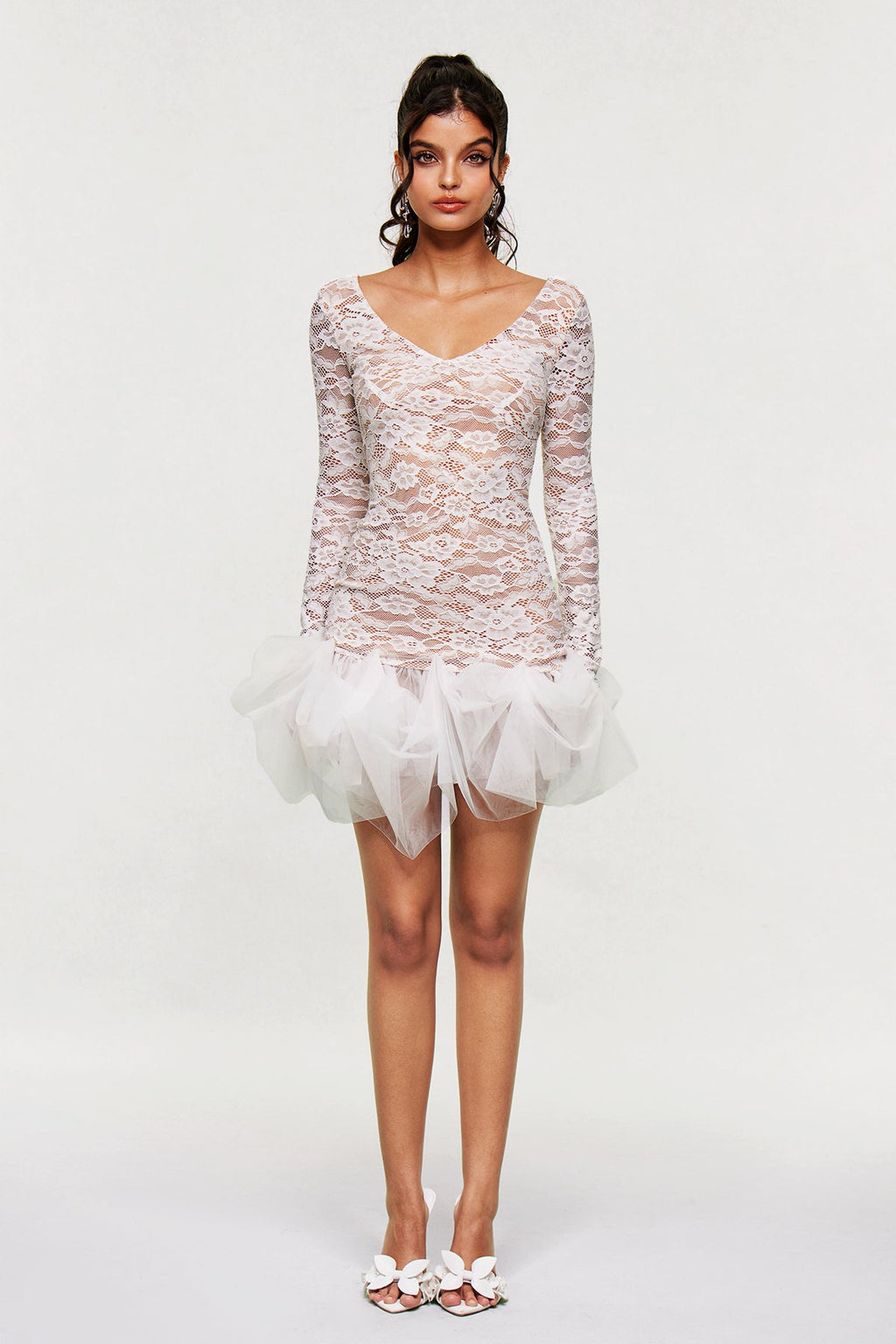 Barun Lace Mesh V Neck Mini Dress