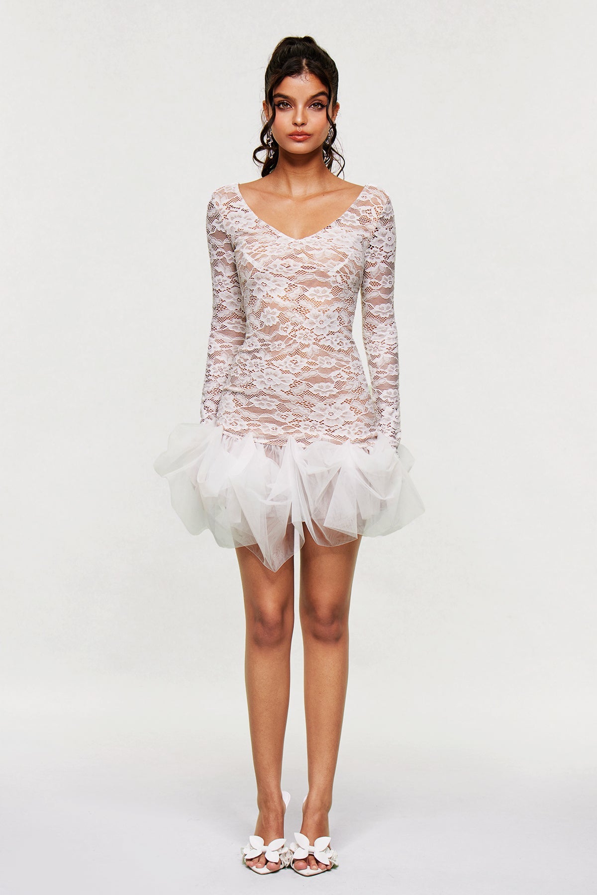 Barun Lace Mesh V Neck Mini Dress