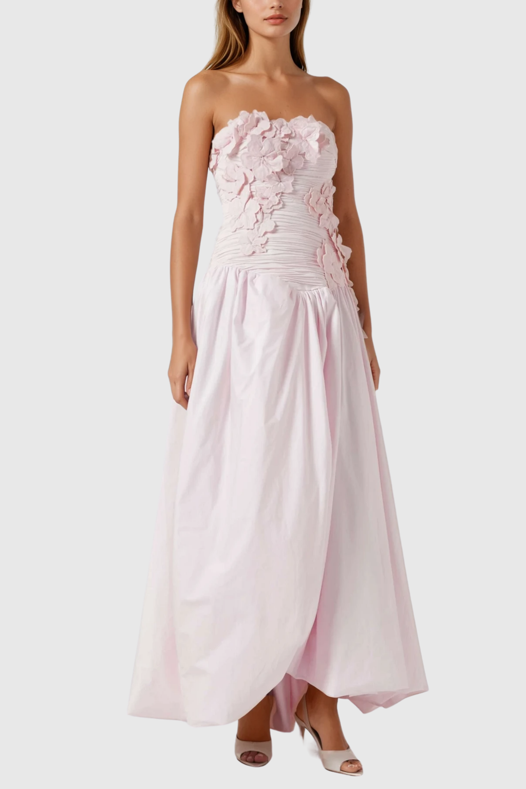 Batsheva Strapless Flower Ruch Puffy Maxi Dress