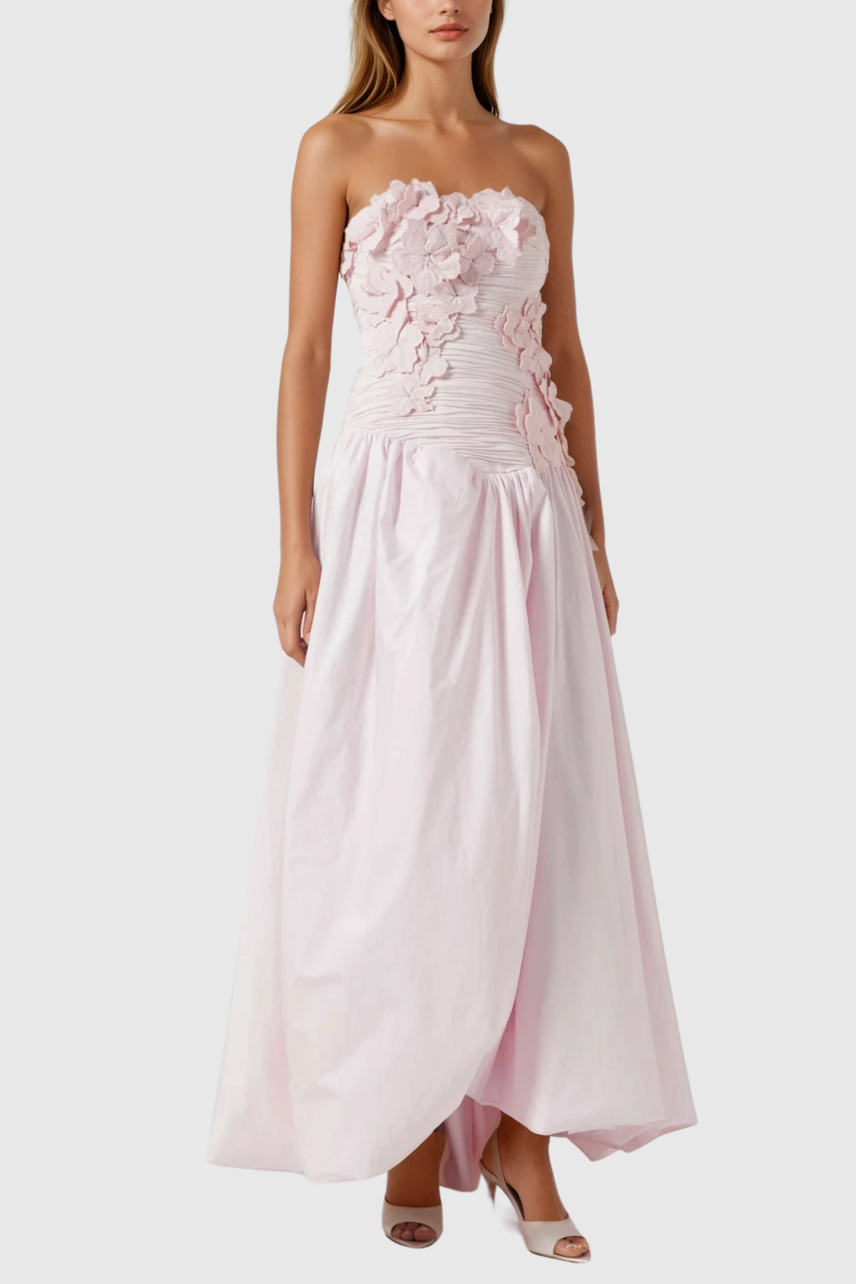 Batsheva Strapless Flower Ruch Puffy Maxi Dress