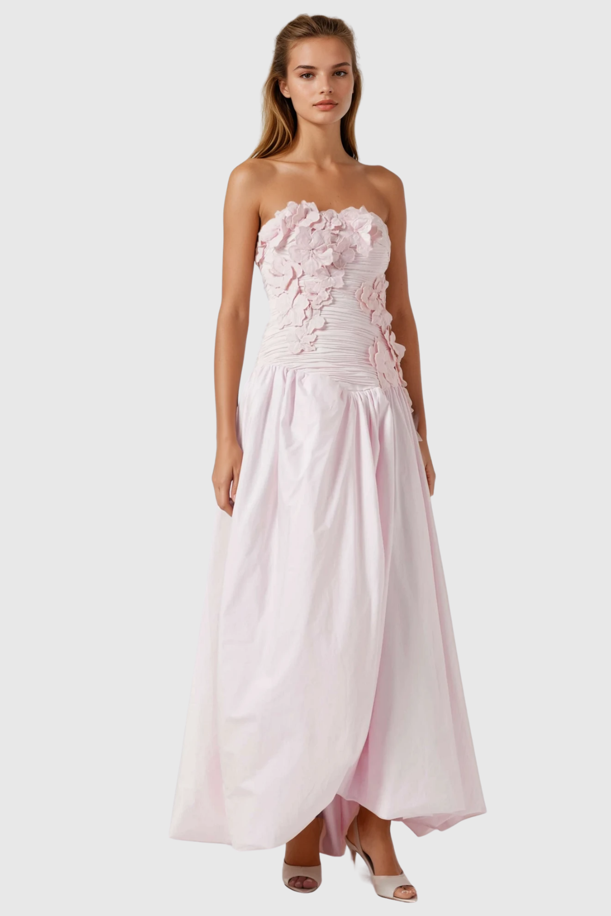 Batsheva Strapless Flower Ruch Puffy Maxi Dress