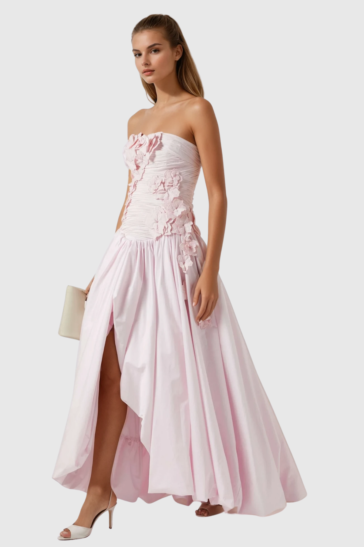 Batsheva Strapless Flower Ruch Puffy Maxi Dress