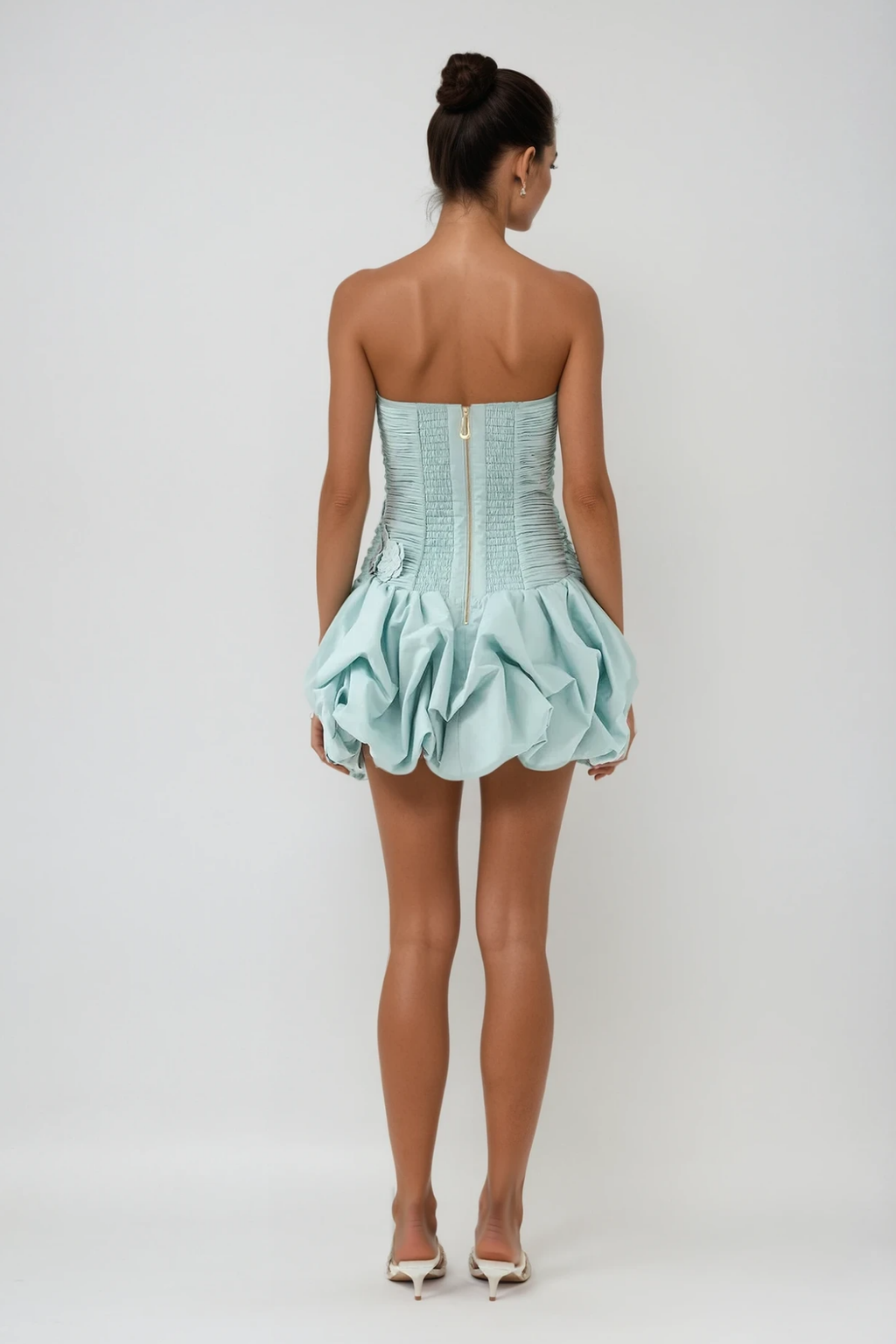 Batsheva Strapless Flower Ruch Puffy Mini Dress