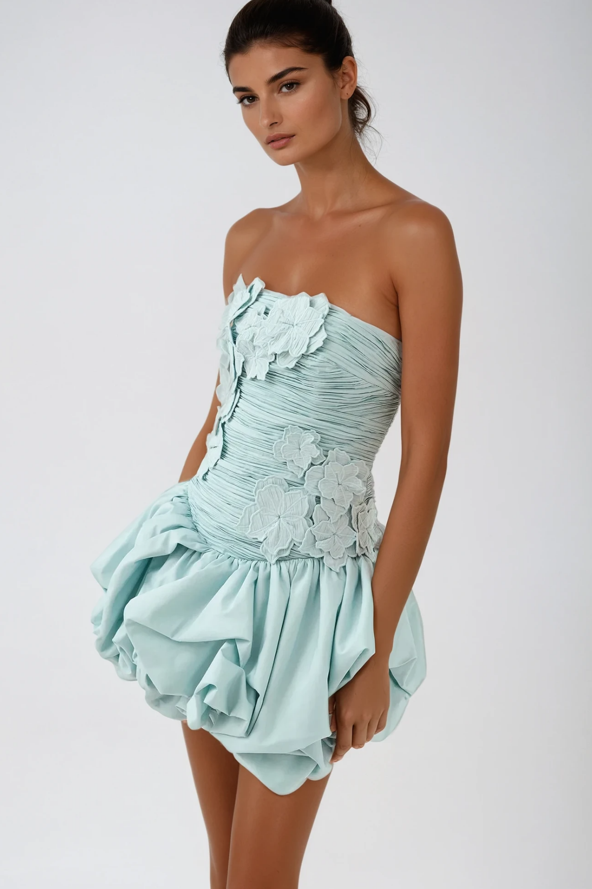Batsheva Strapless Flower Ruch Puffy Mini Dress