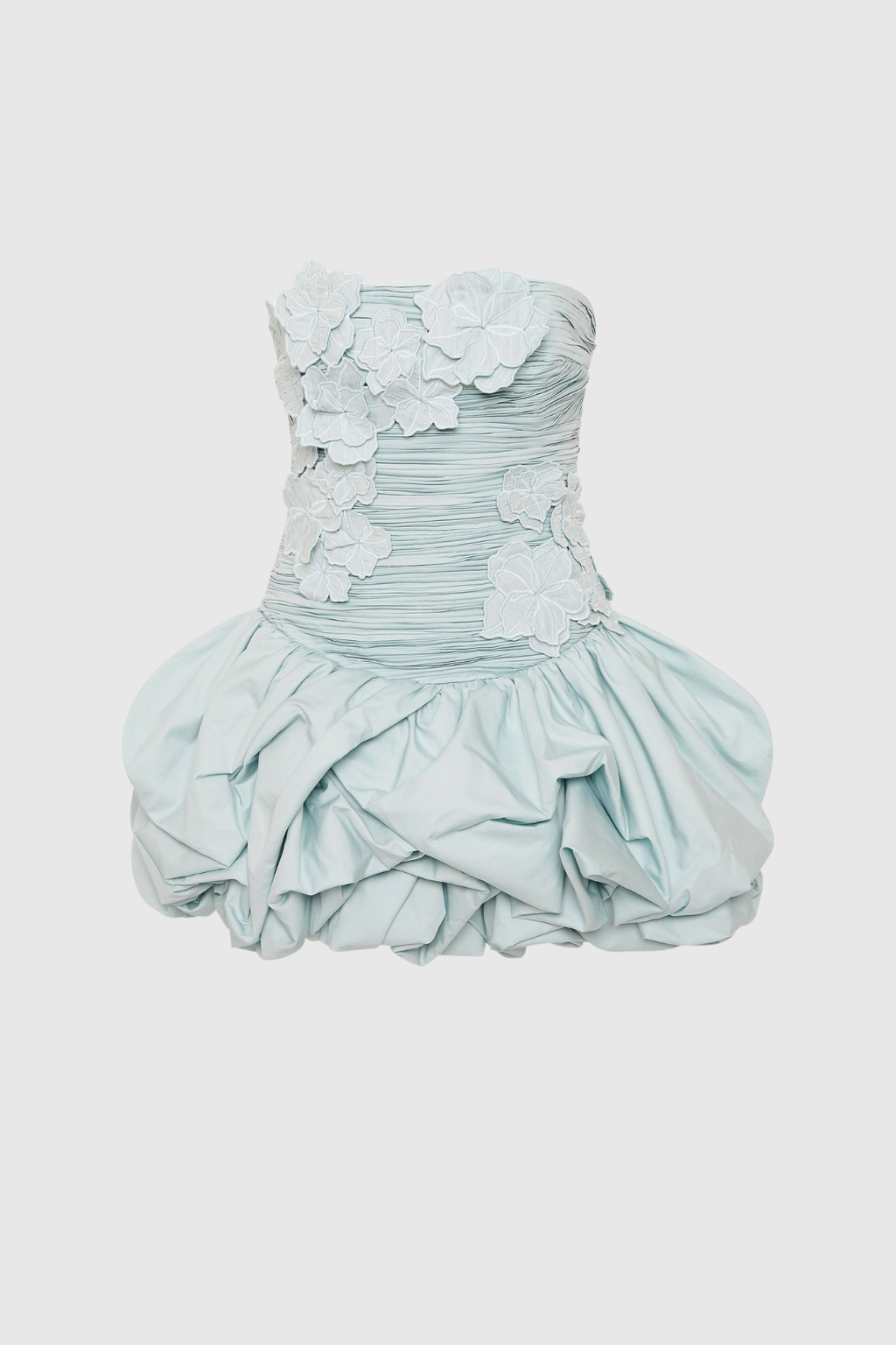 Batsheva Strapless Flower Ruch Puffy Mini Dress