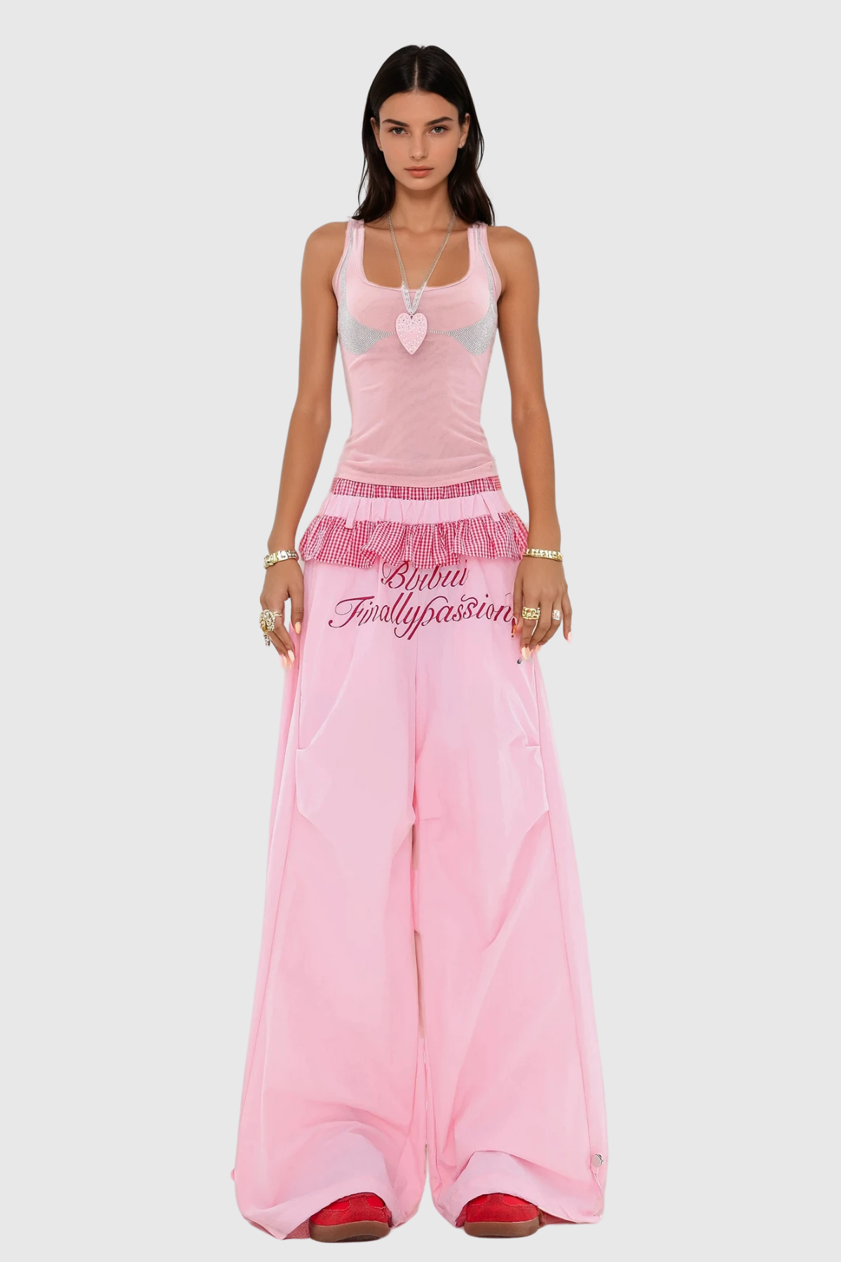 Bautista Ruffle Print Wide Leg Pants In Pink
