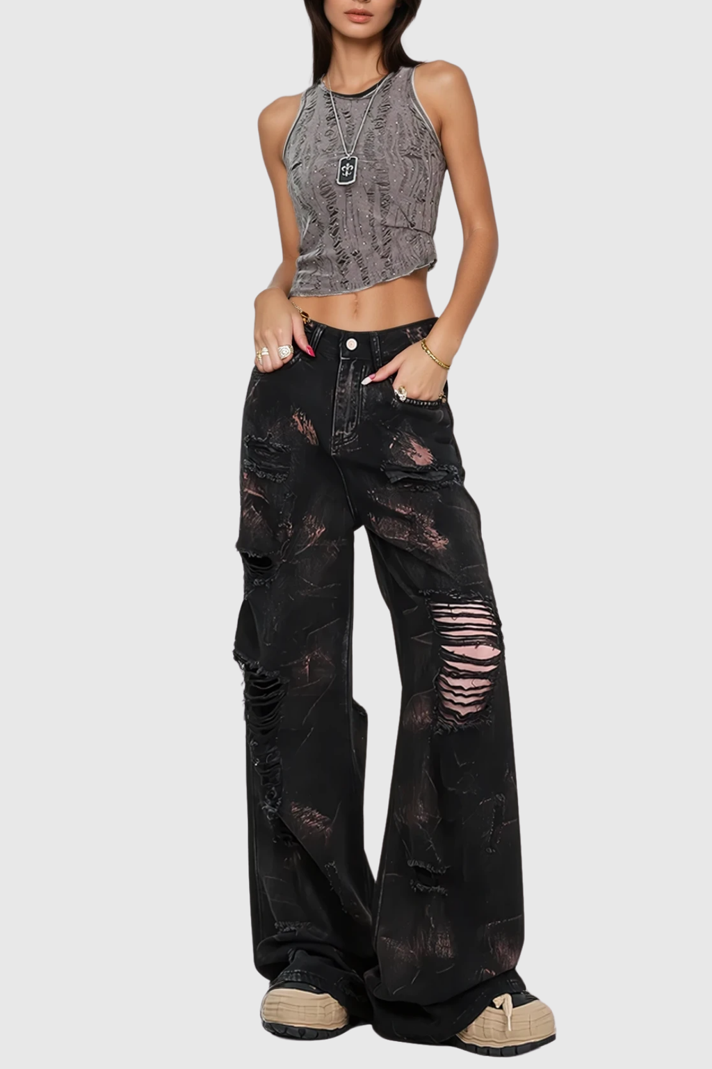Baxtiyor Ripped Print Wide Leg Jeans