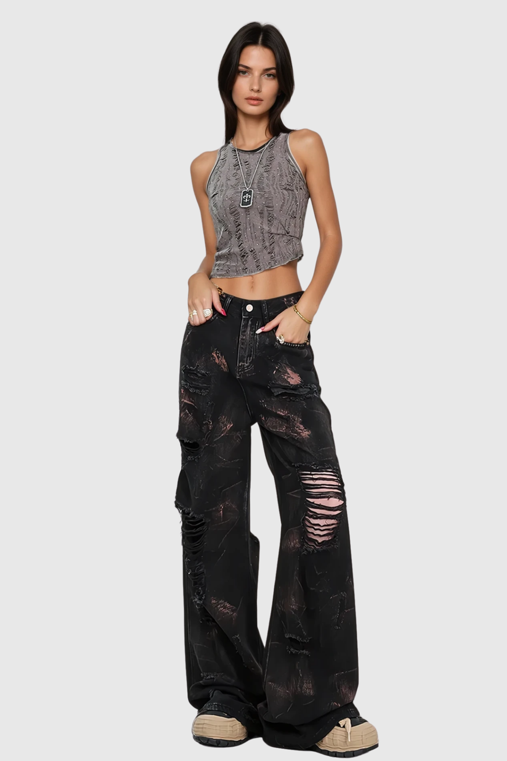 Baxtiyor Ripped Print Wide Leg Jeans