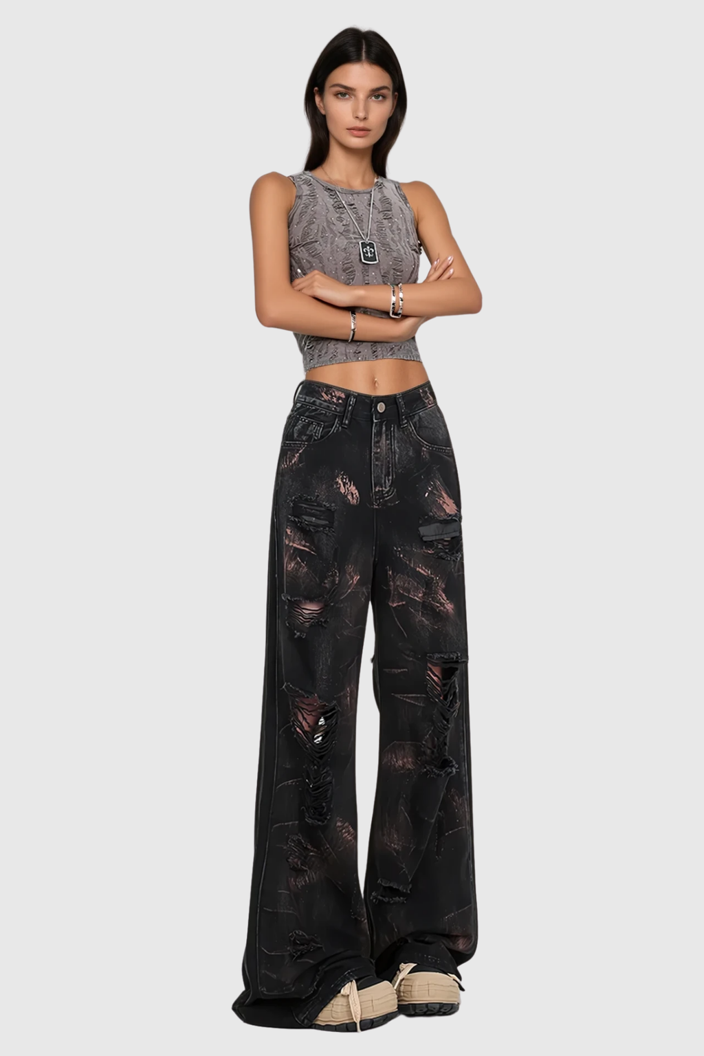 Baxtiyor Ripped Print Wide Leg Jeans