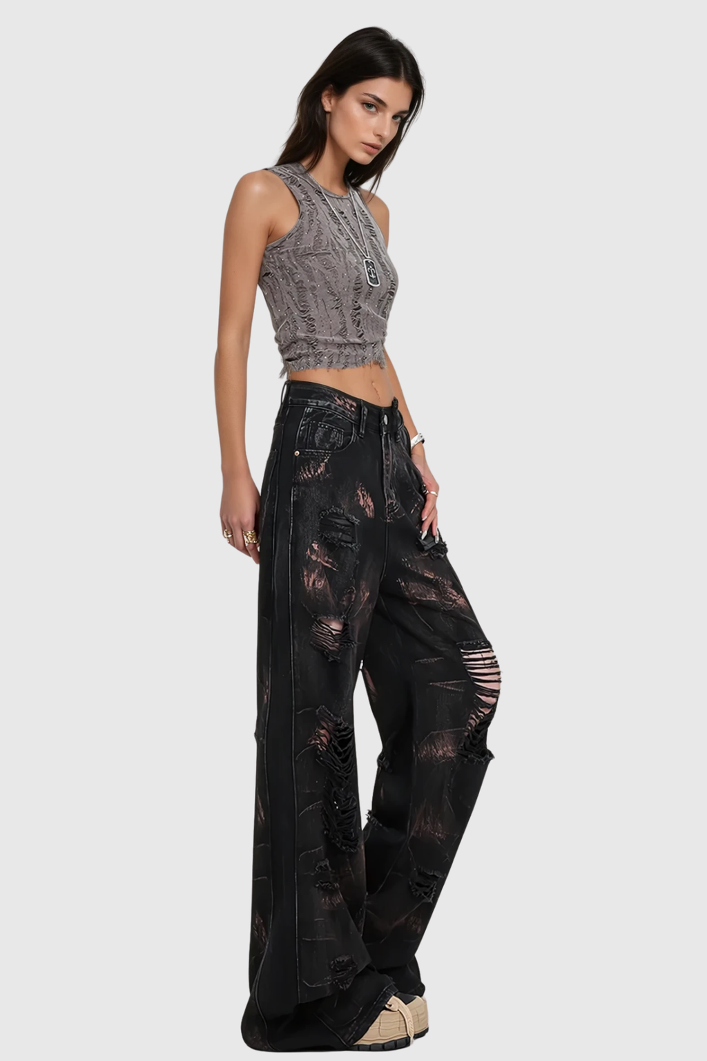 Baxtiyor Ripped Print Wide Leg Jeans