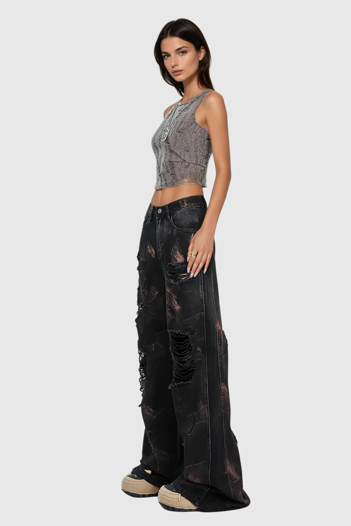 Baxtiyor Ripped Print Wide Leg Jeans