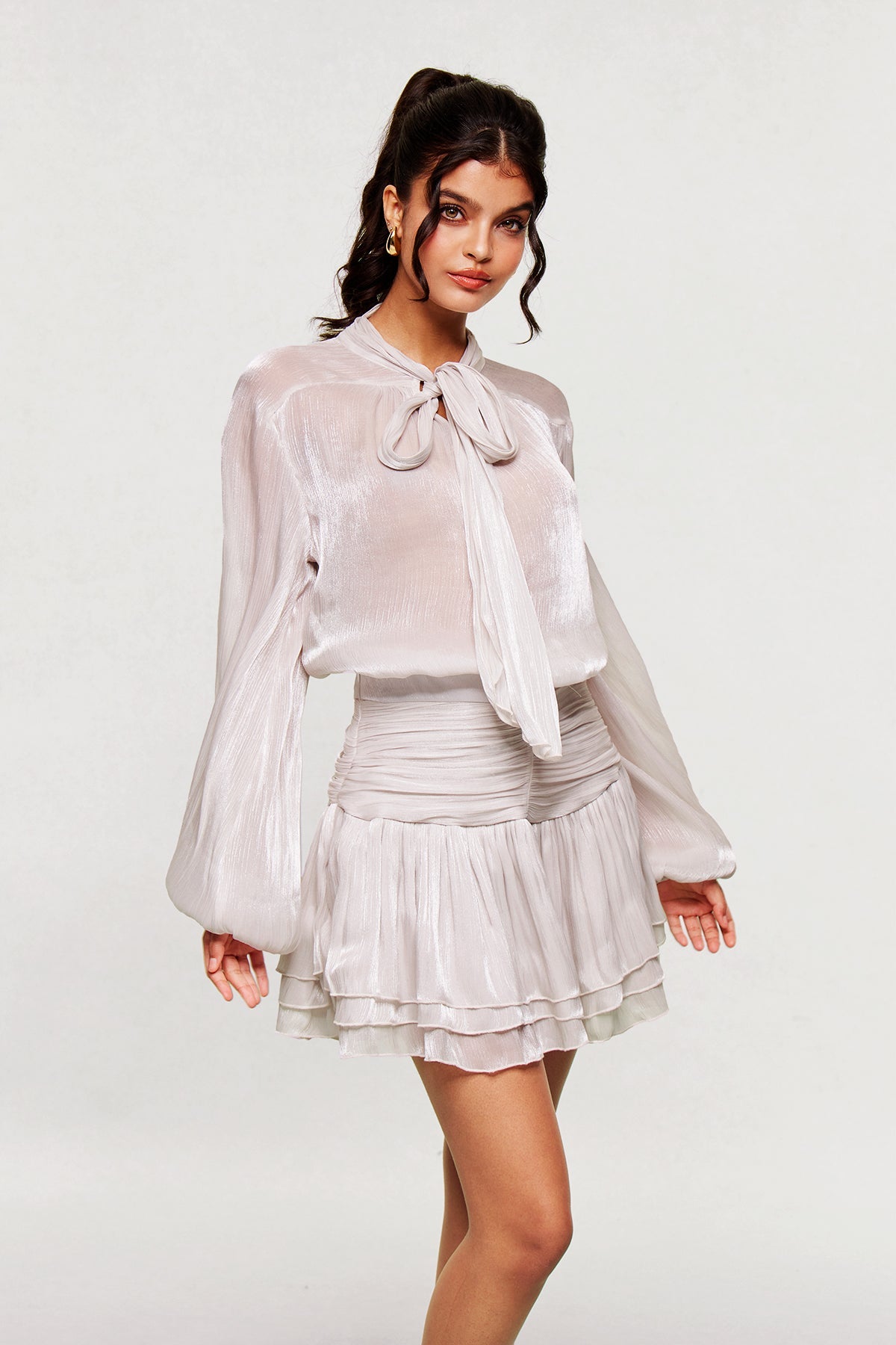 Bayleigh Lace Up Ruch Mesh Skirt Set In Sliver