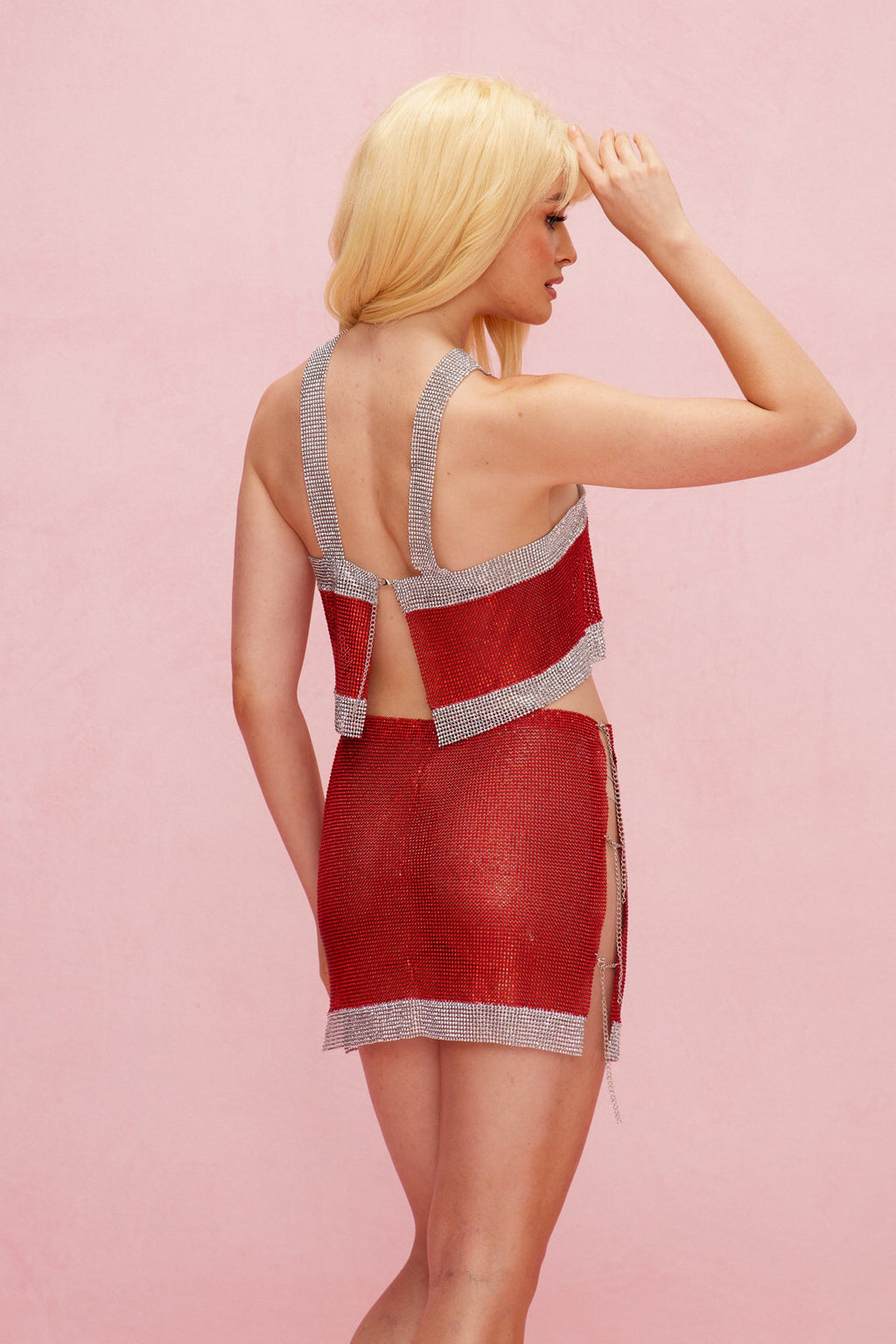 Baylor Rhinestone Cutout Skirt Set In Red