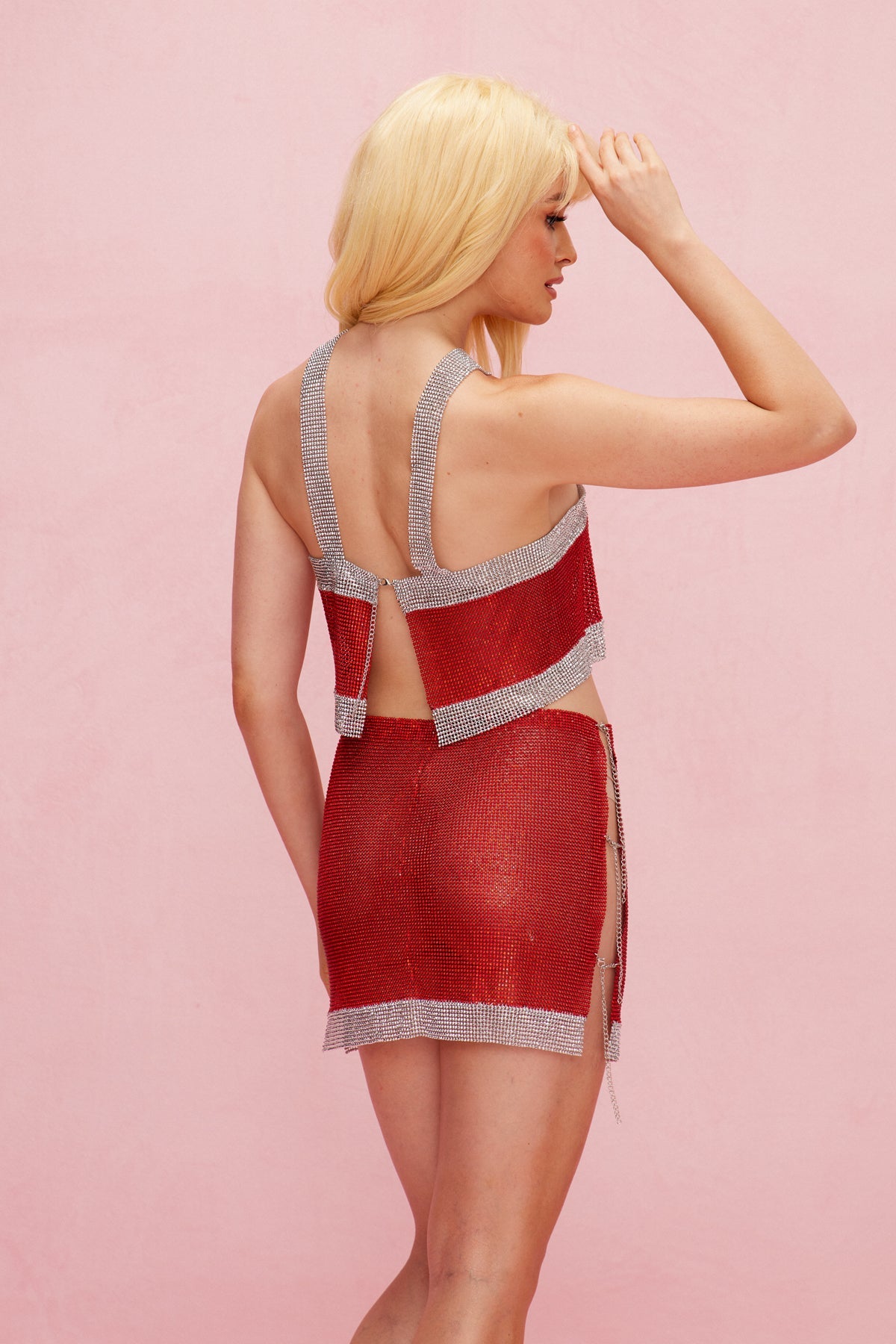 Baylor Rhinestone Cutout Skirt Set In Red